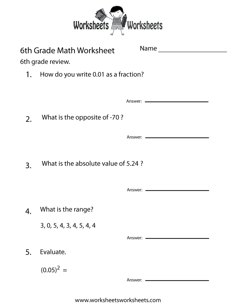6th Grade Math Printable Worksheets