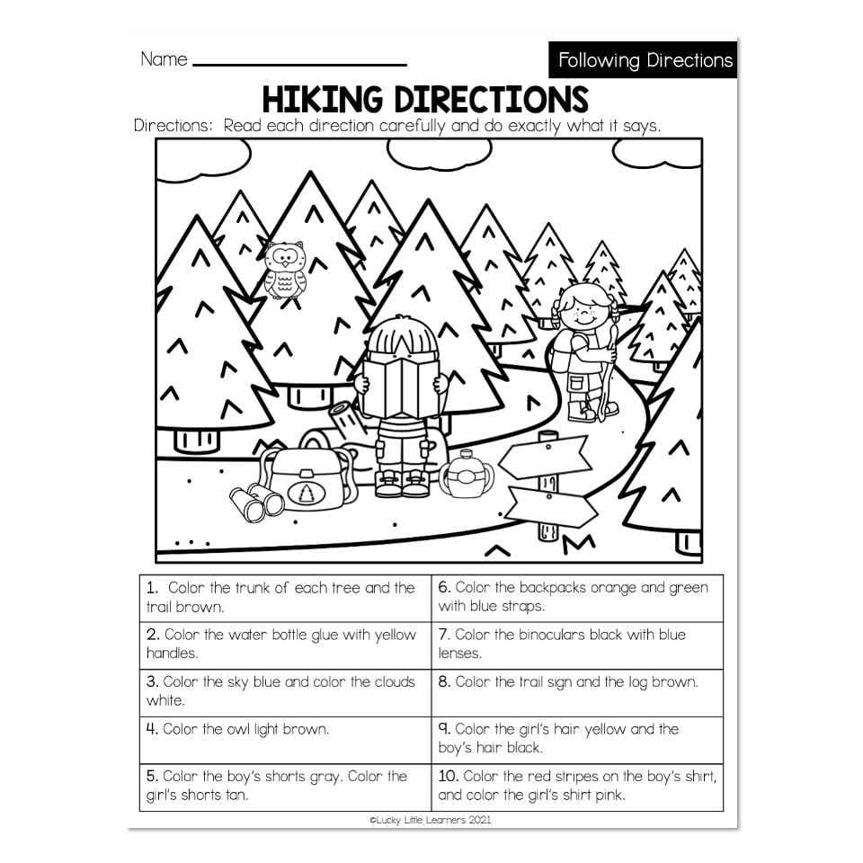 Following Directions Hiking Directions Coloring Lucky Little Learners