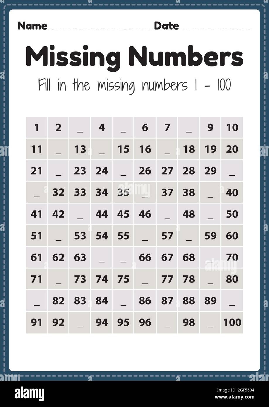 Maths Worksheet For Nursery Missing Numbers 1 To 100 Printable Sheet For Preschool And Kindergarten Kids Activity To Learn Basic Mathematics Skills Stock Vector Image Art Alamy