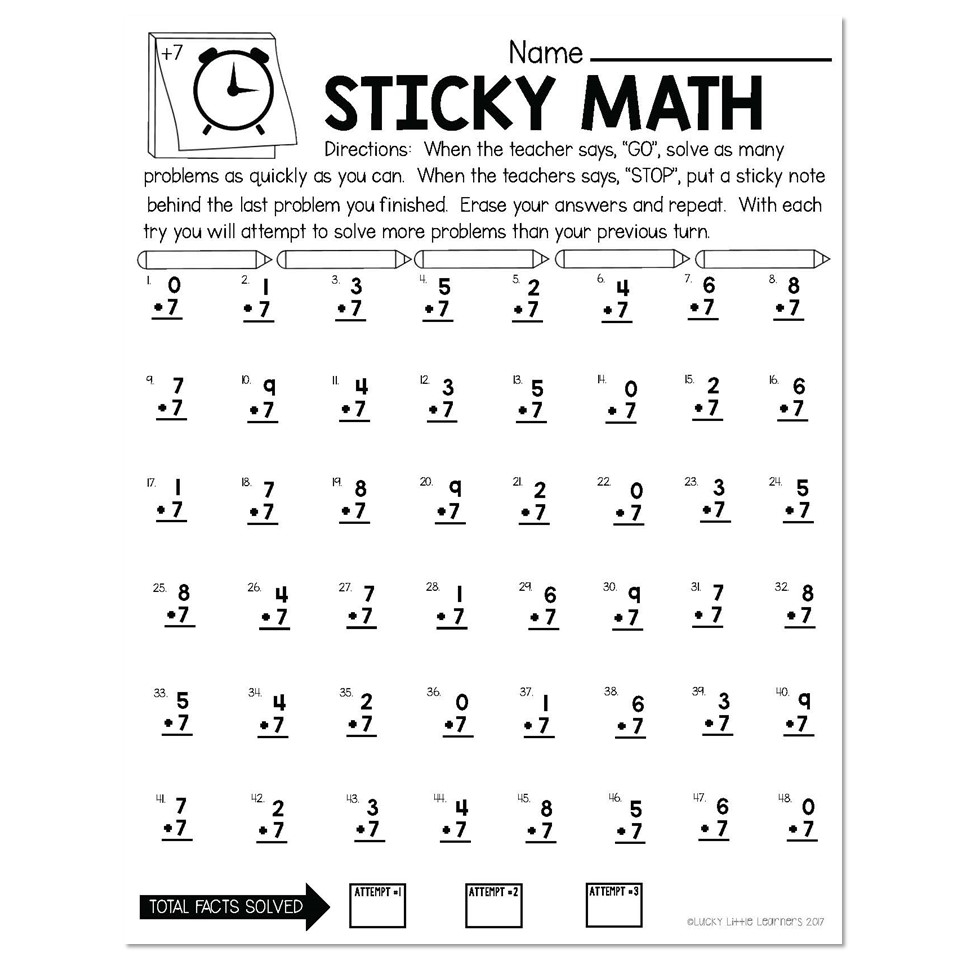 Sticky Math Fact Practice Addition 7 Lucky Little Learners