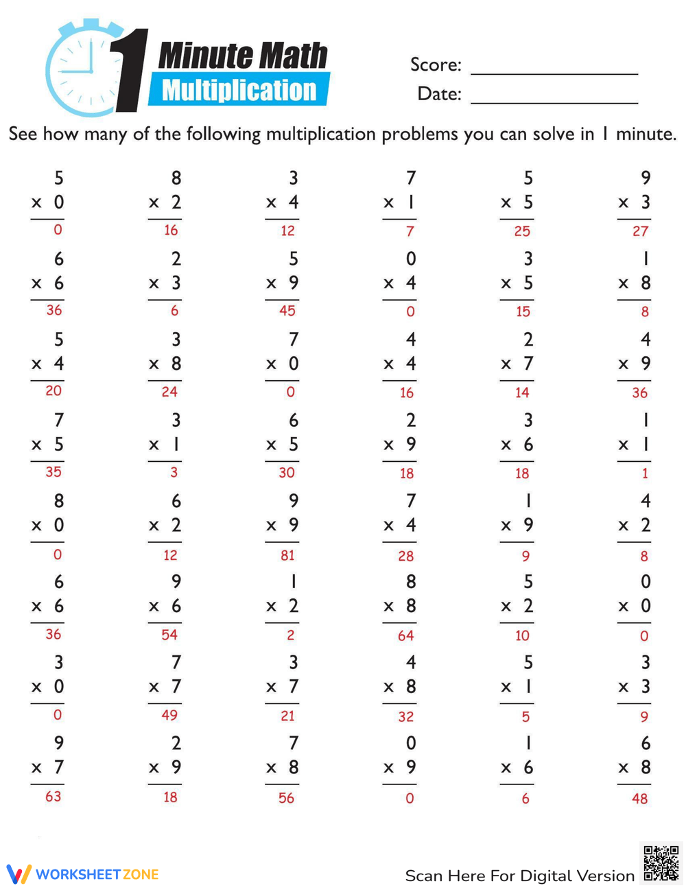 1 Minute Multiplication Worksheet