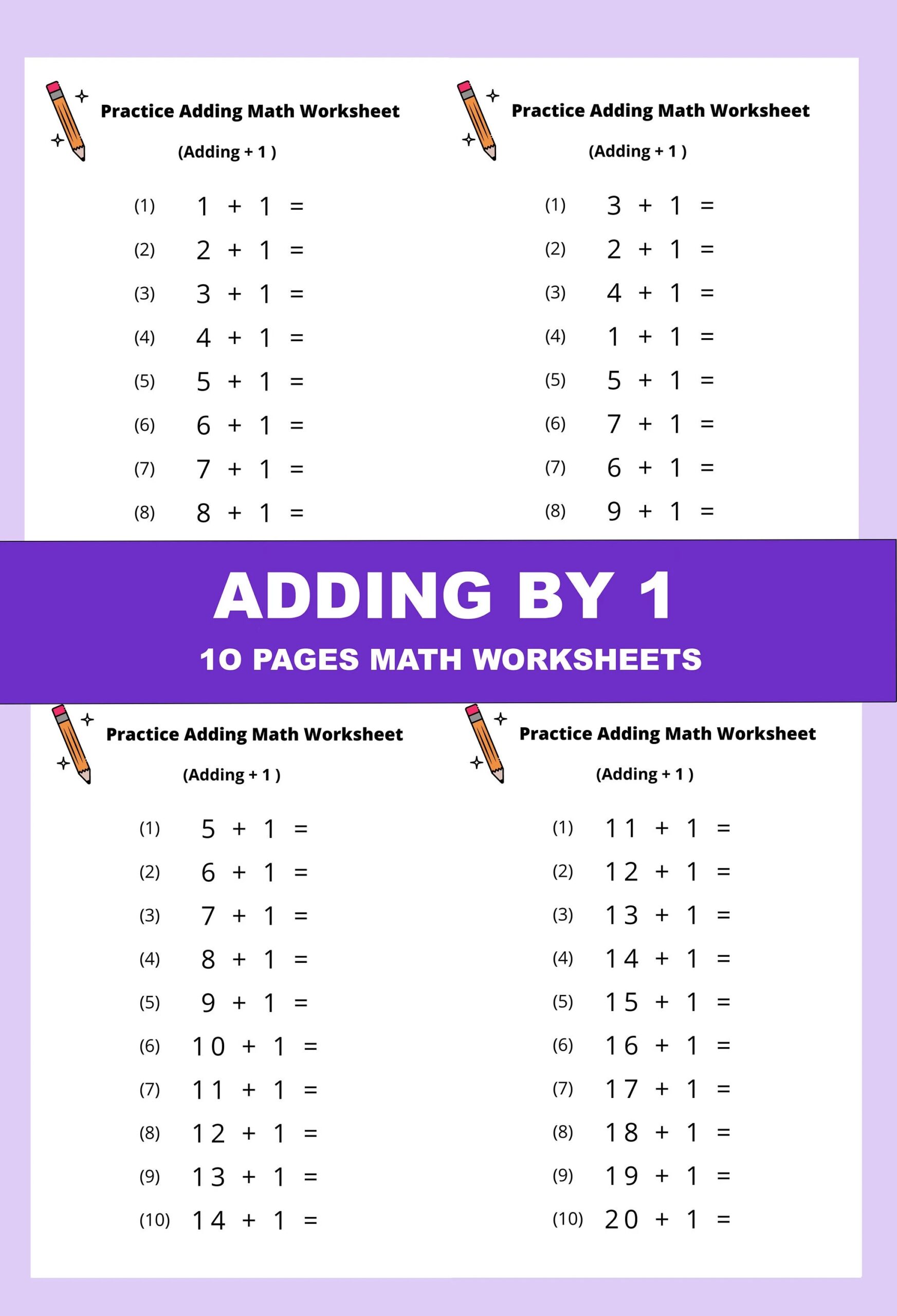 10 Printable Addition Math Worksheets Adding By 1 Numbers 1 20 Preschool 1st Grade 2nd Grade Math Etsy