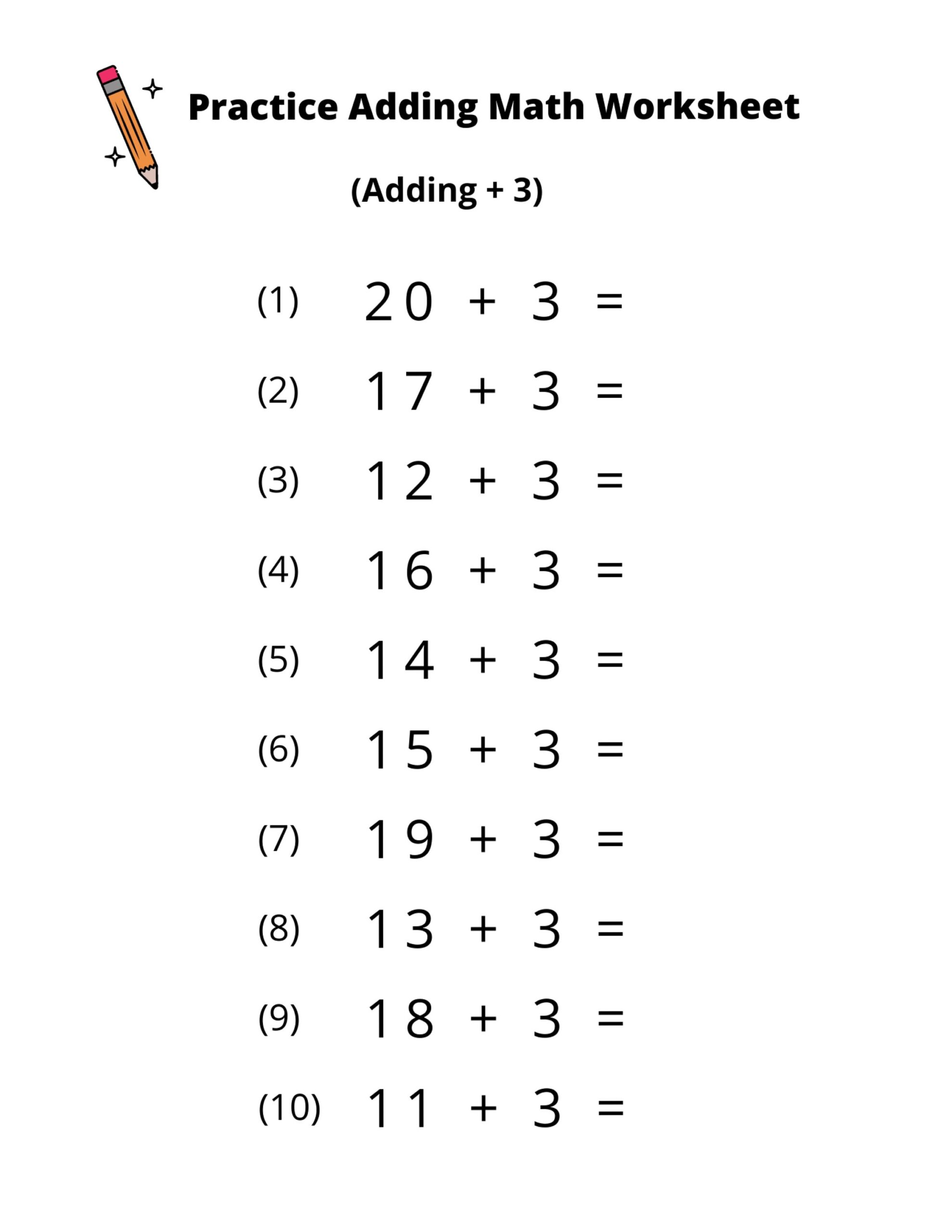 10 Printable Addition Math Worksheets Adding By 3 Numbers 1 20 Preschool 1st Grade 2nd Grade Math Etsy