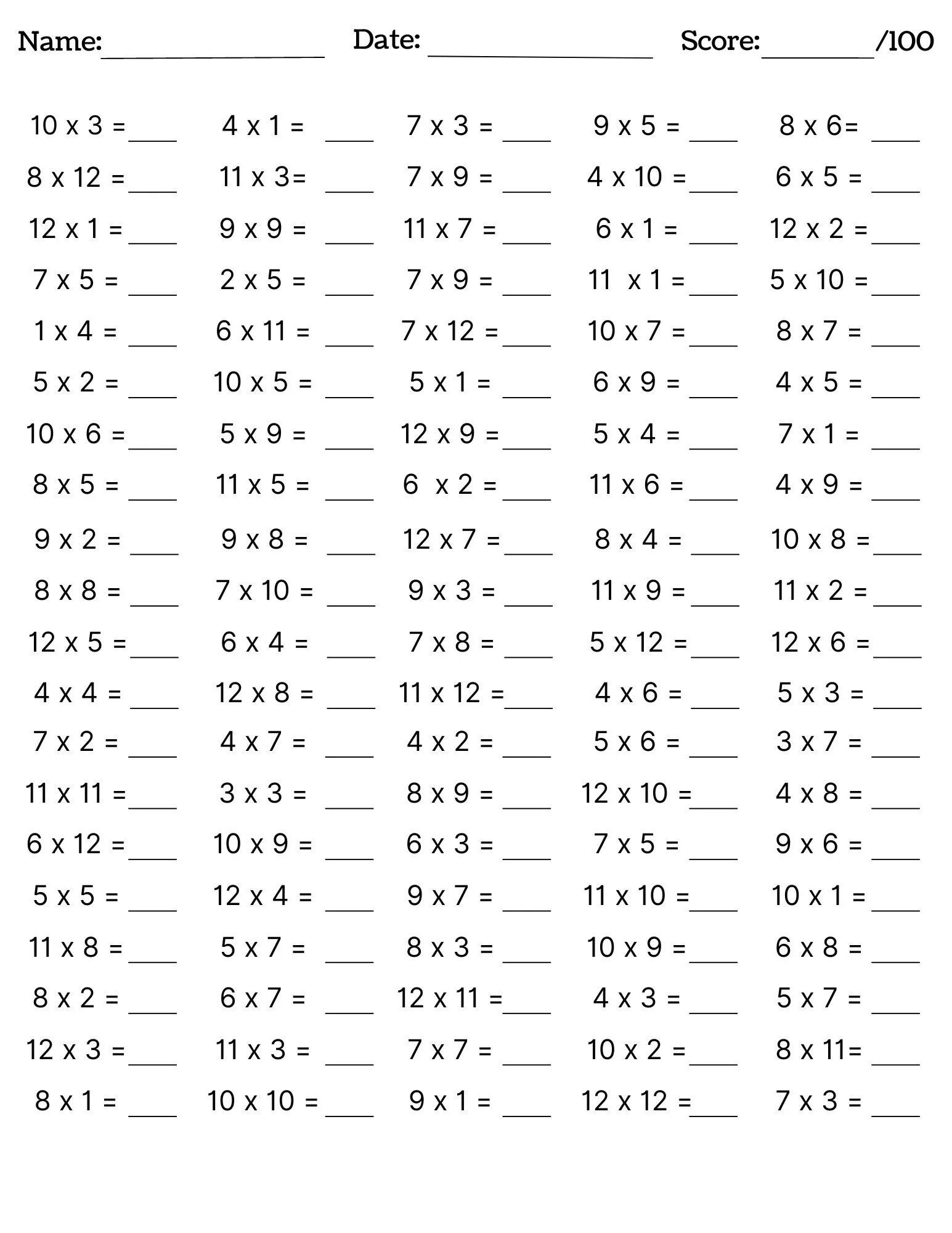 10 Printable Multiplication Worksheets Fill In The Blanks Single Digit Multiplication numbers 1 12 Maths Drills Answers Included Etsy
