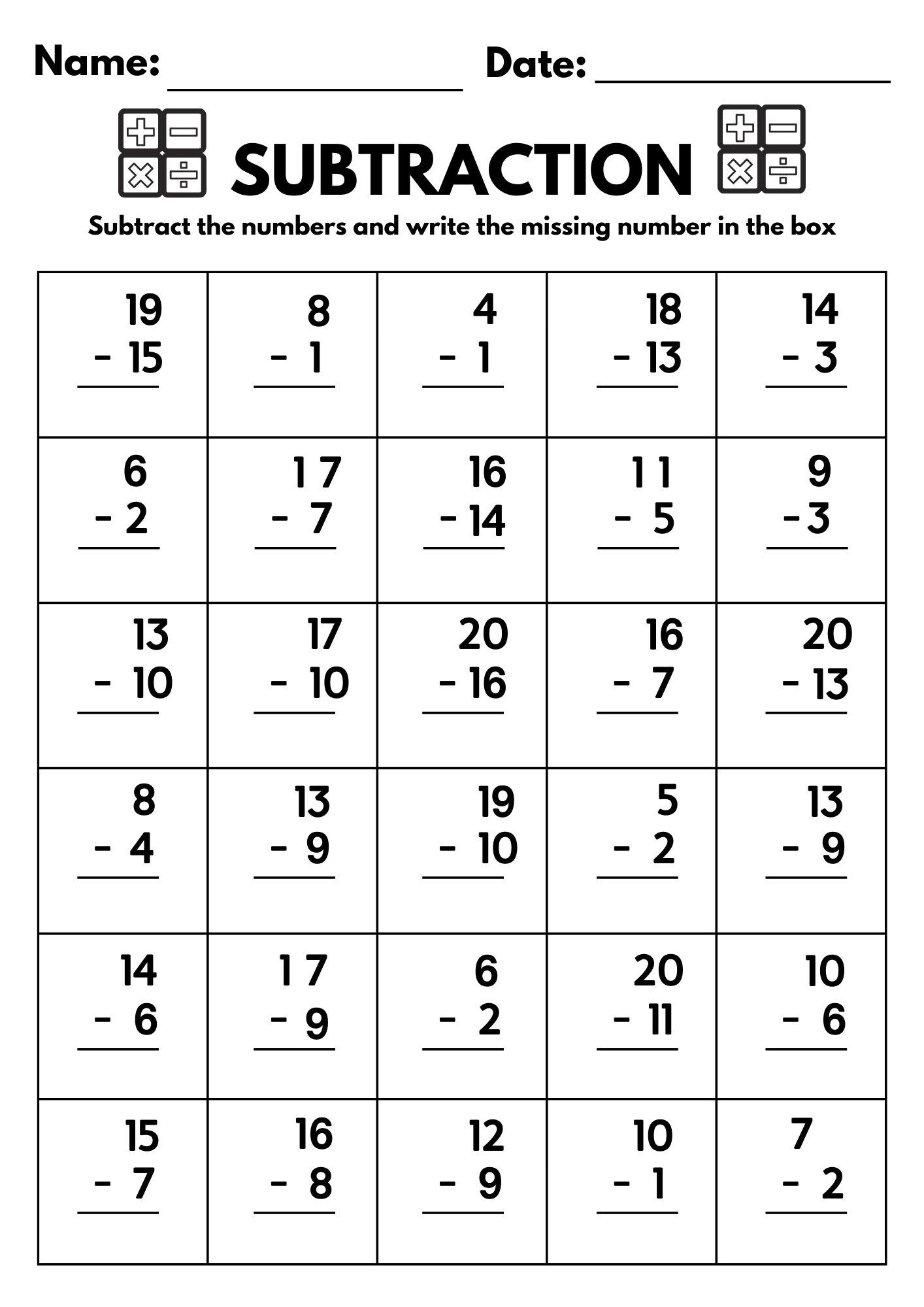 Math Worksheets Printable Subtraction