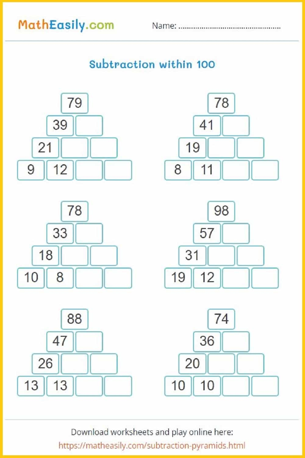 100 Math Subtraction Worksheets PDF Free Download