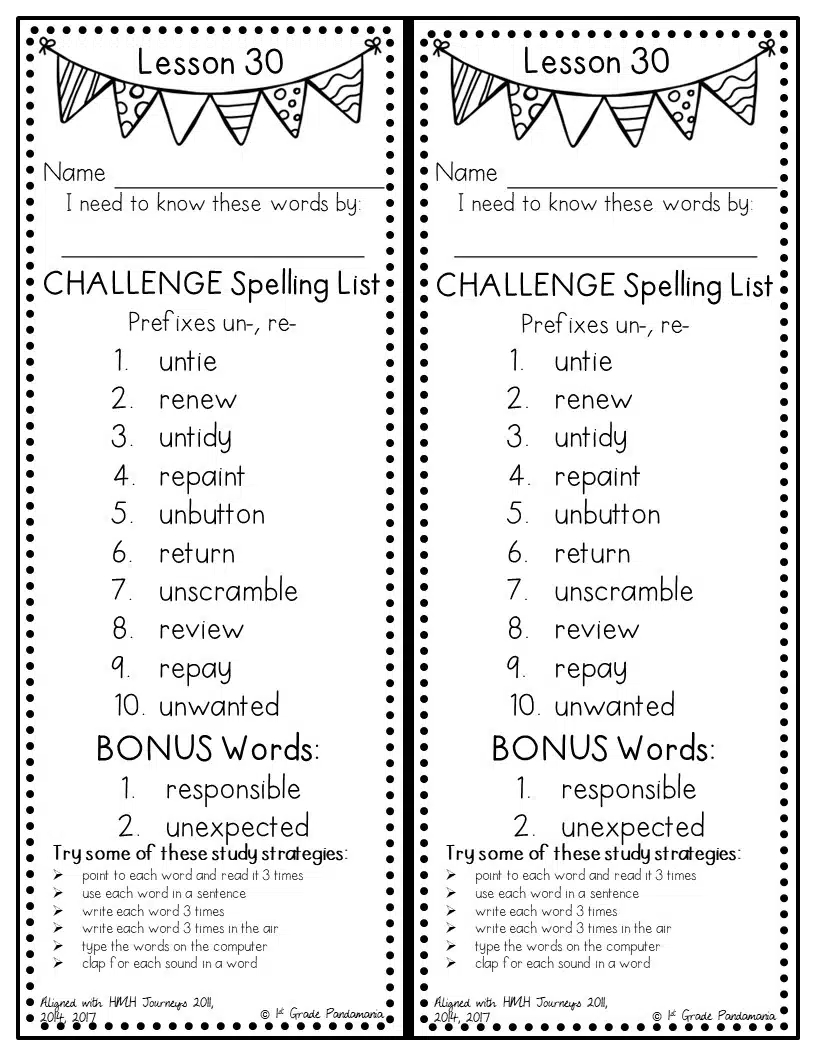 1st Grade Challenge Spelling Words Lists Aligned With HMH Journeys 1st Grade Pandamania