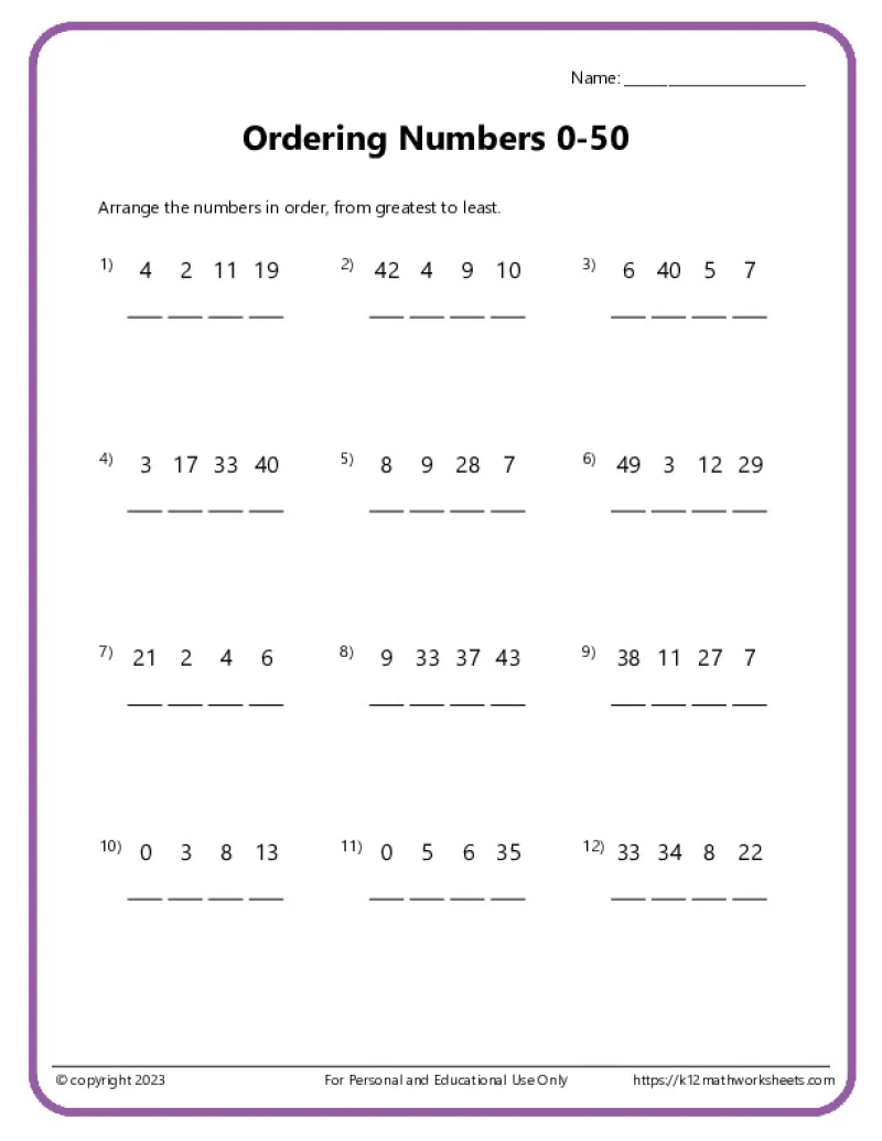 1st Grade Comparing And Ordering Worksheets