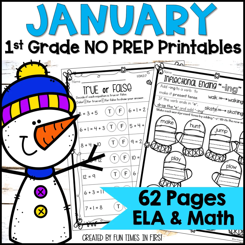 1st Grade January NO PREP Printables ELA Math Spiral Review Worksheets Fun Times In First