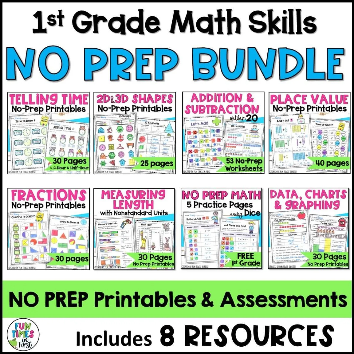 1st Grade Math No Prep Printables BUNDLE Math Worksheets Bundle Fun Times In First