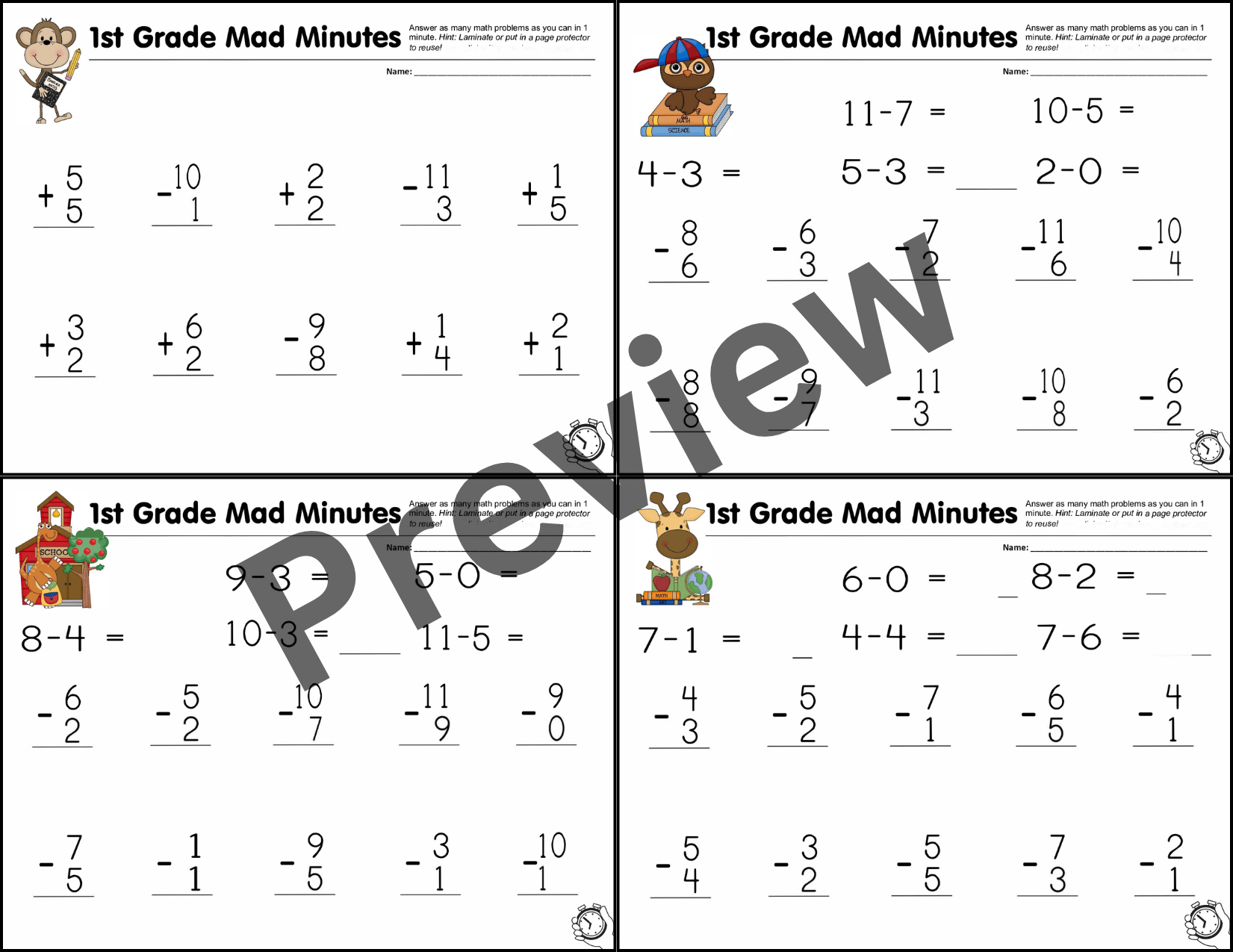 1st Grade Math Review Addition Subtraction Word Problems Mad Minute Teaching Resources