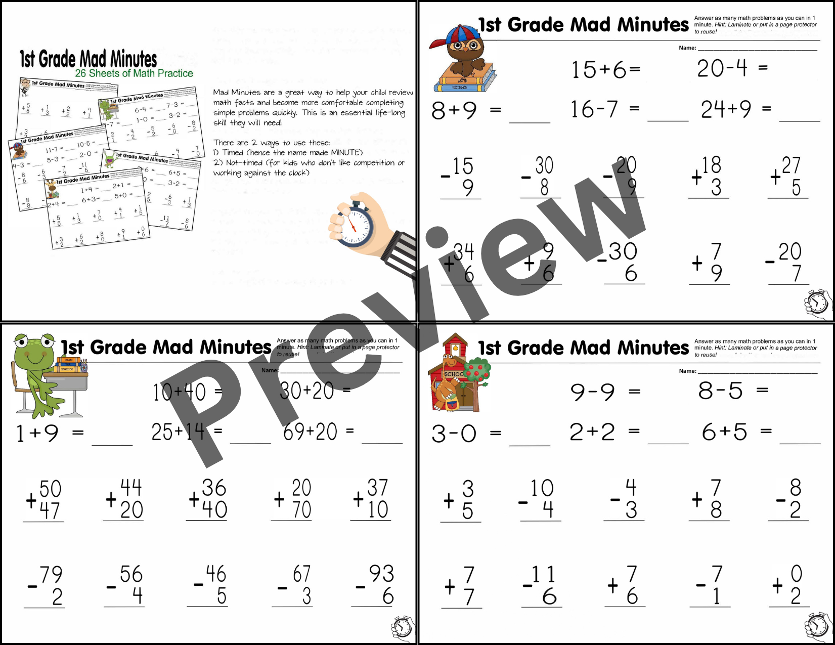 1st Grade Math Review Addition Subtraction Word Problems Mad Minute Teaching Resources