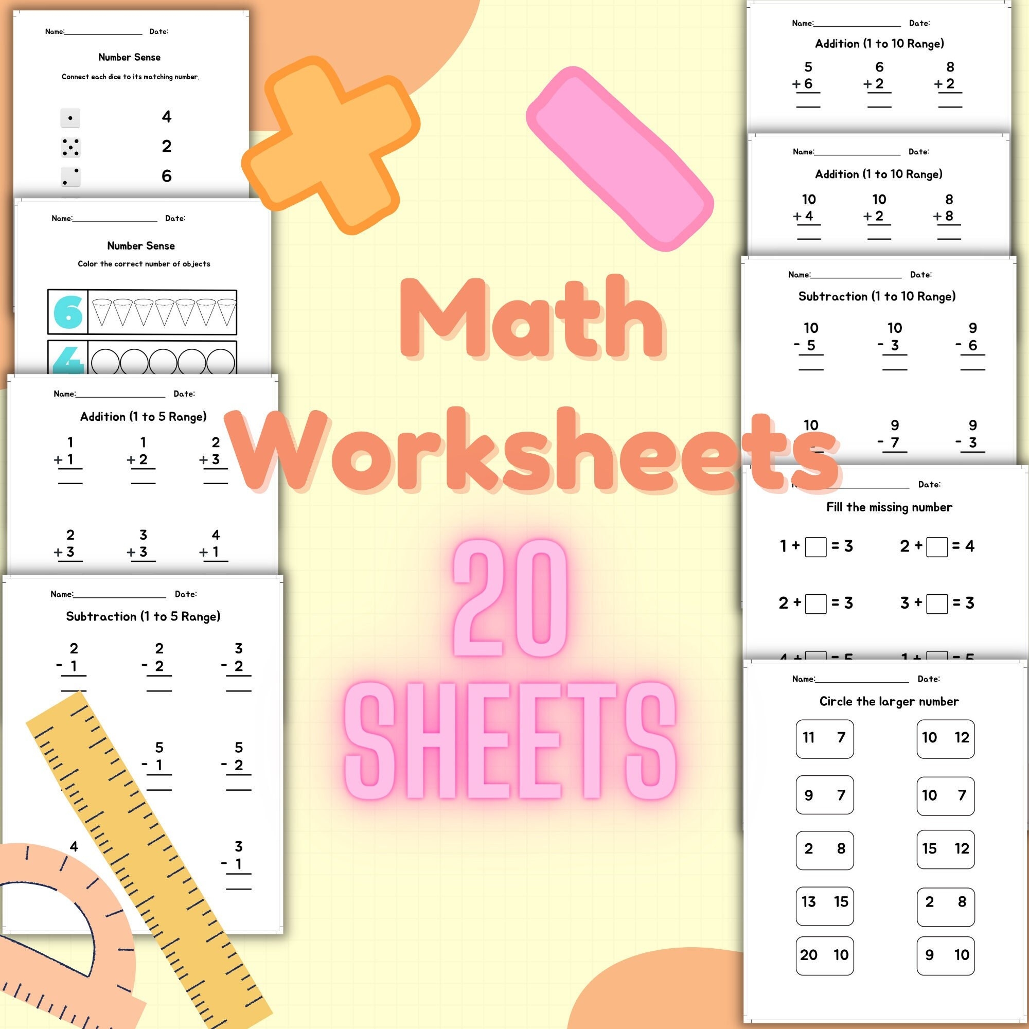 20 Math Worksheets Printable Addition Subtraction Kindergarten Math Pages First Grade Math Pages Kindergarten Math Counting Addition Pages Etsy