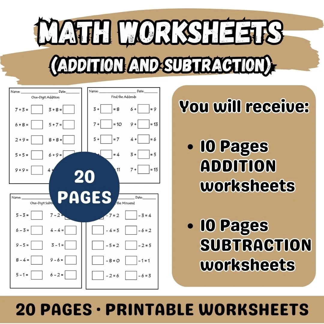 20 Pages Math Worksheets Addition And Subtraction For Kids Kindergarten Worksheet Printables Etsy