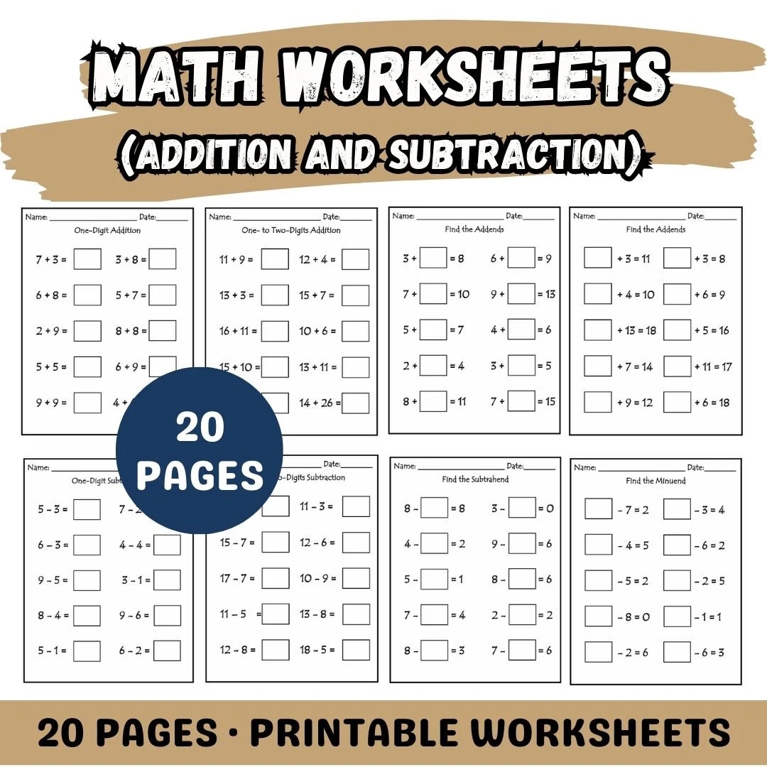 20 Pages Math Worksheets Addition And Subtraction For Kids Kindergarten Worksheet Printables Etsy