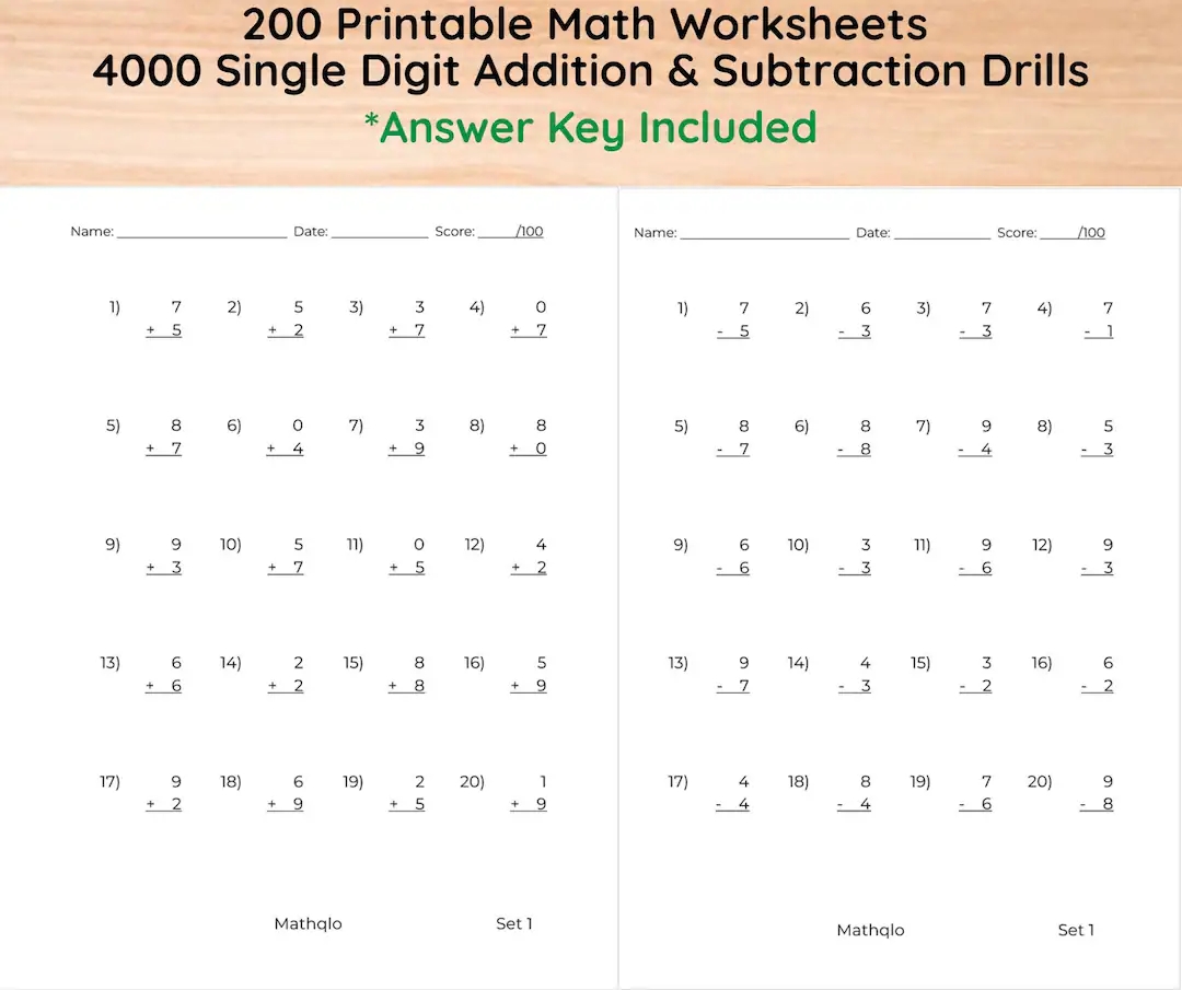 200 Addition Subtraction Worksheets 1st Grade Math Problems 4000 Printable Math Drills For Kids Vertical Layout Answer Key Included Etsy