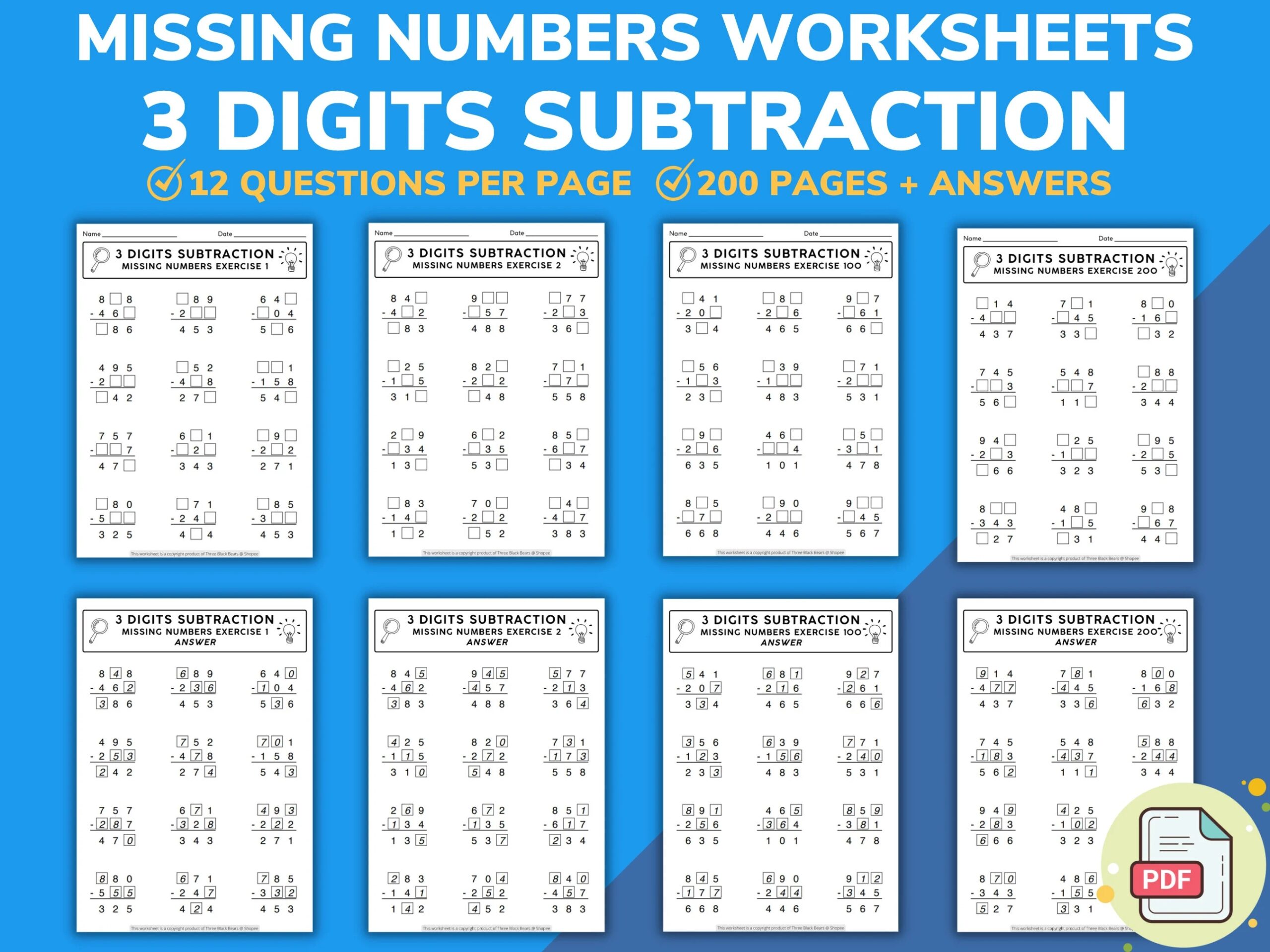 200 Missing Number Math Worksheets For Kids Ages 5 8 Fun And Engaging Triple Digits Subtraction Activities With Answers Etsy