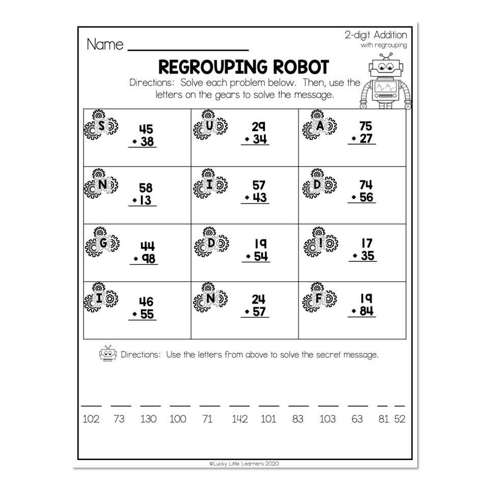 2nd Grade Math Worksheets 2 Digit Addition With Regrouping Regrouping Robot Lucky Little Learners