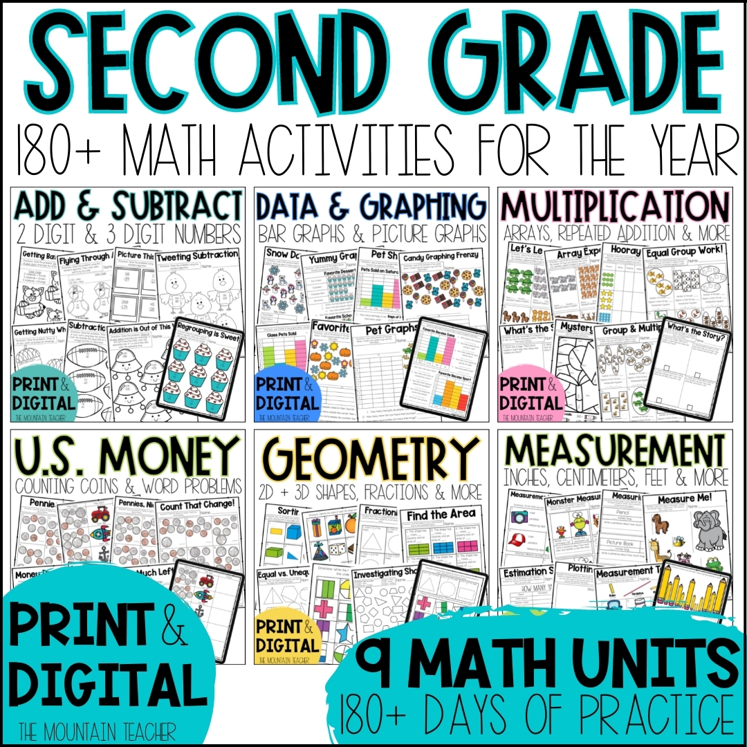 2nd Grade Math Worksheets And Activities YEAR BUNDLE Print And Digital The Mountain Teacher