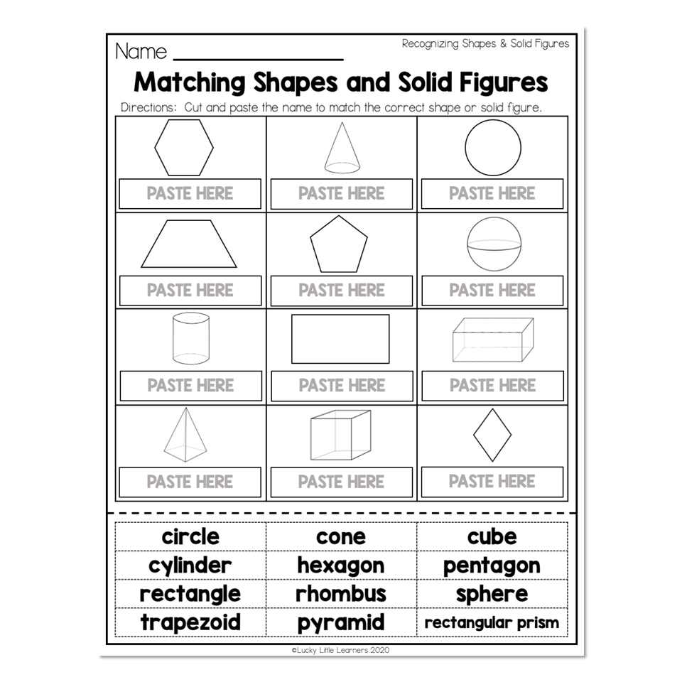 2nd Grade Math Worksheets Geometry Recognizing Shapes And Solid Figures Matching Shapes And Solid Figures Lucky Little Learners
