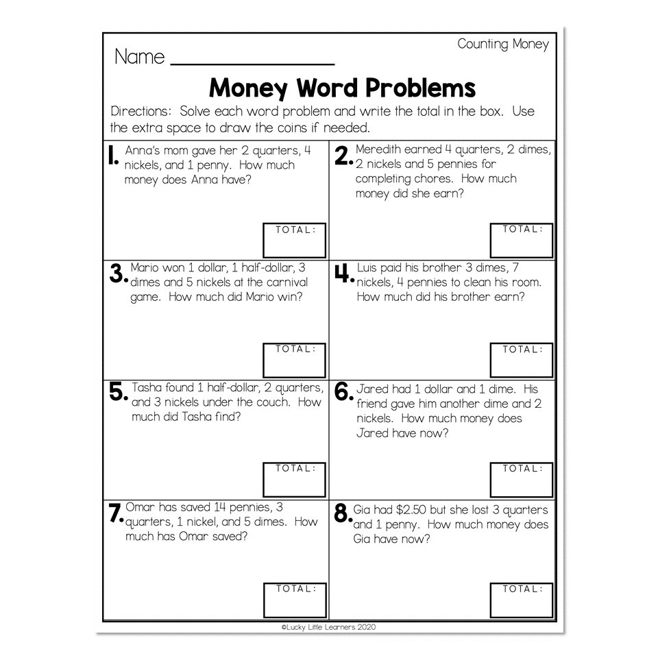 2nd Grade Math Worksheets Money Counting Money Money Word Problems Lucky Little Learners