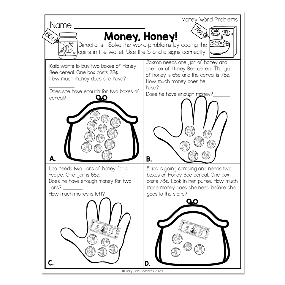 2nd Grade Math Worksheets Money Money Word Problems Money Honey Lucky Little Learners