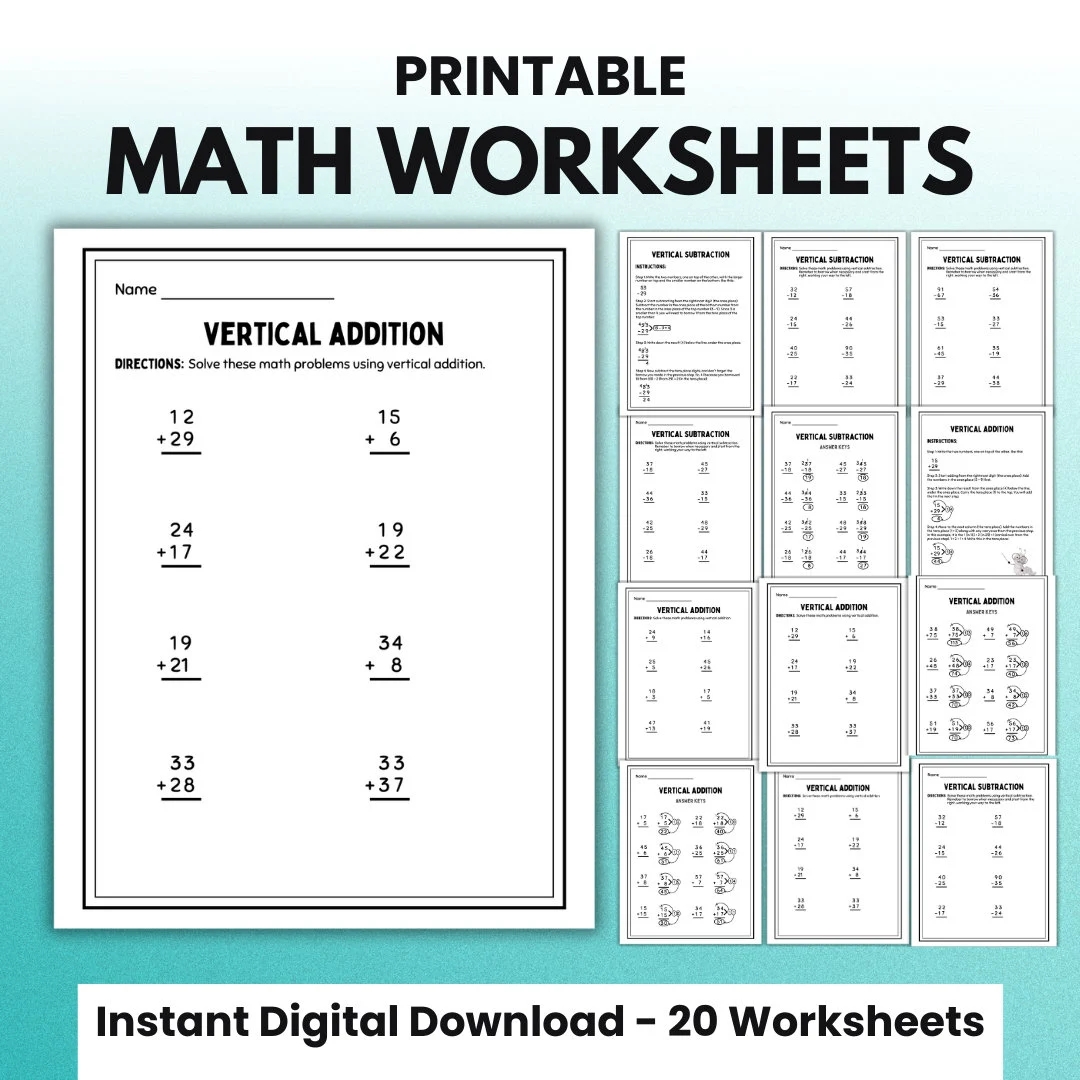 2nd Grade Math Worksheets Vertical Addition And Subtraction Etsy