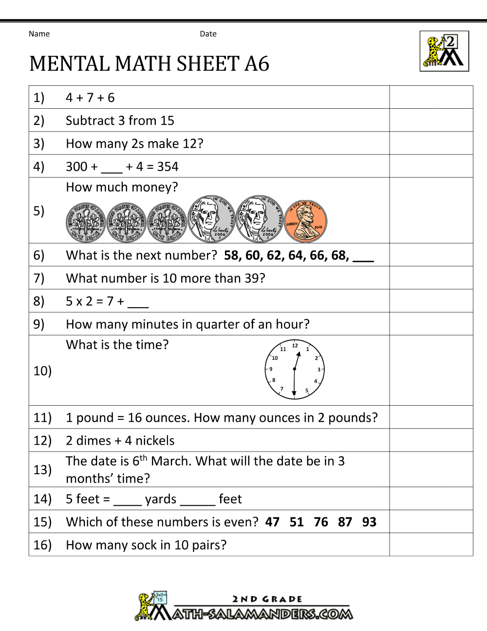 2nd Grade Mental Math Worksheets