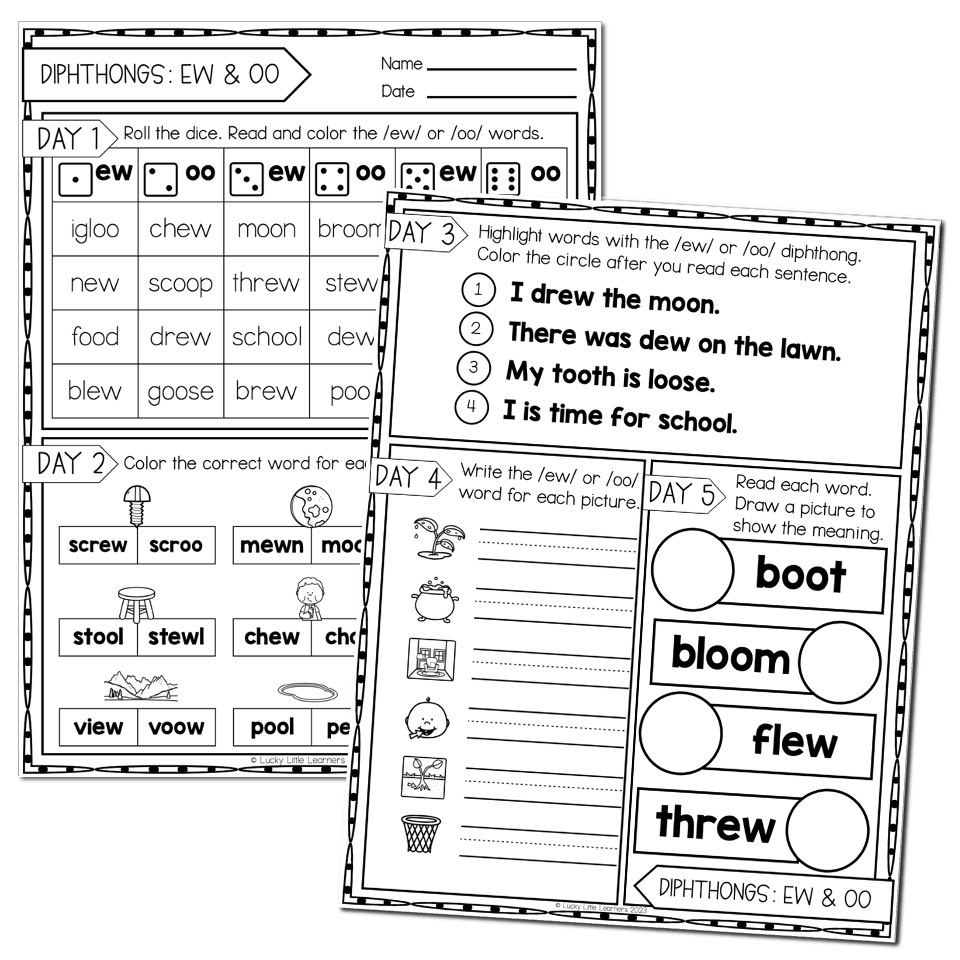 2nd Grade Phonics Worksheets Diphthongs EW OO Lucky Little Learners