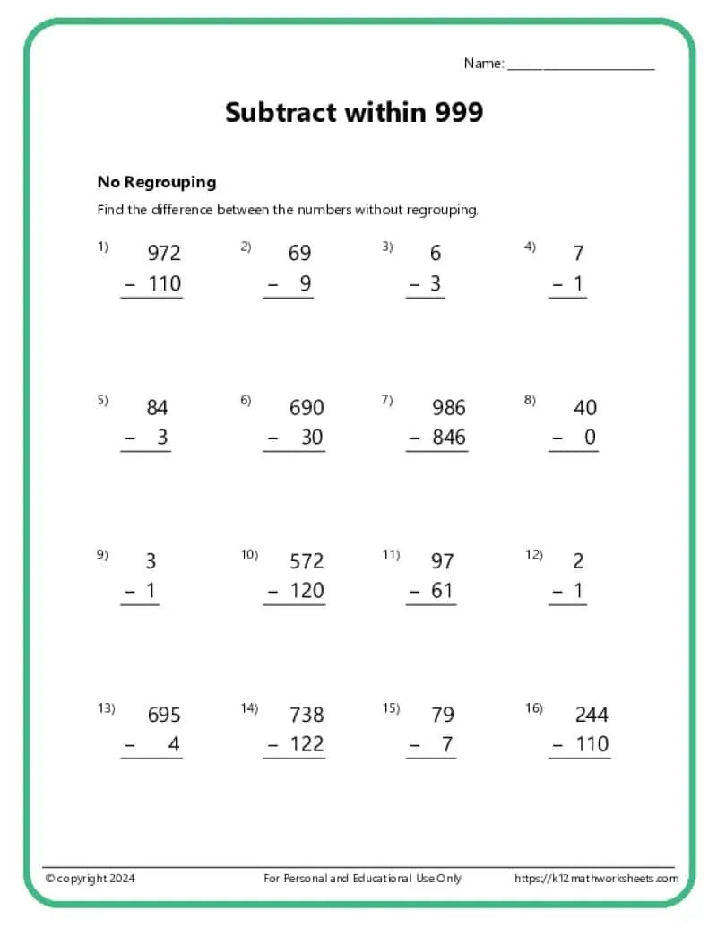 2nd Grade Subtraction Worksheets