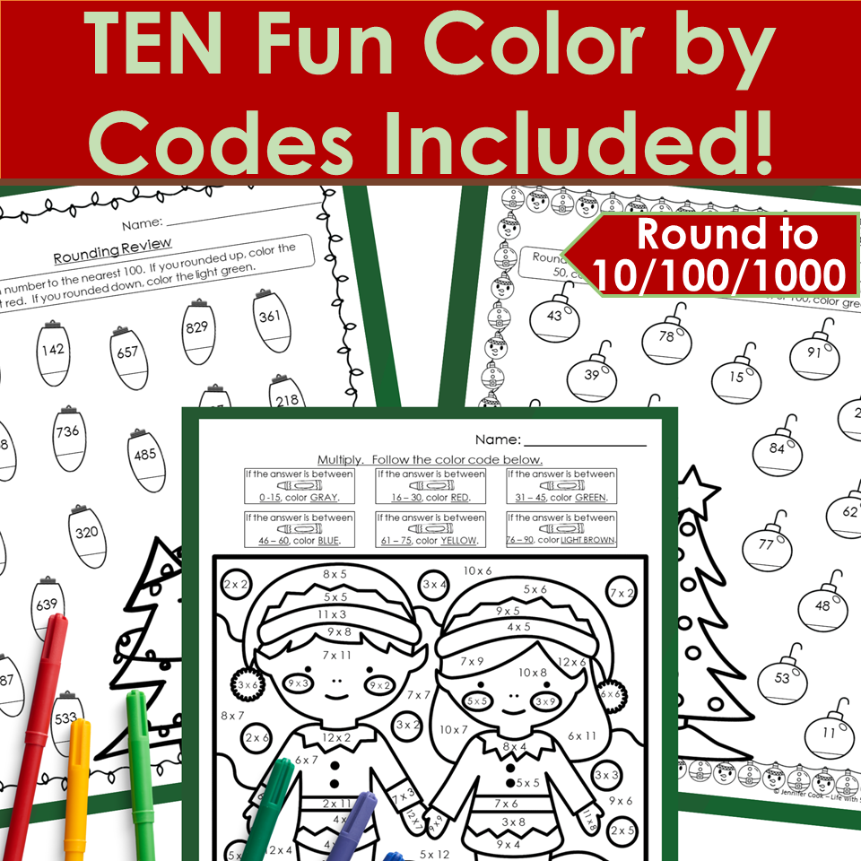 3rd Grade Math Skills Review Christmas Practice Color By Code Worksheets Classful