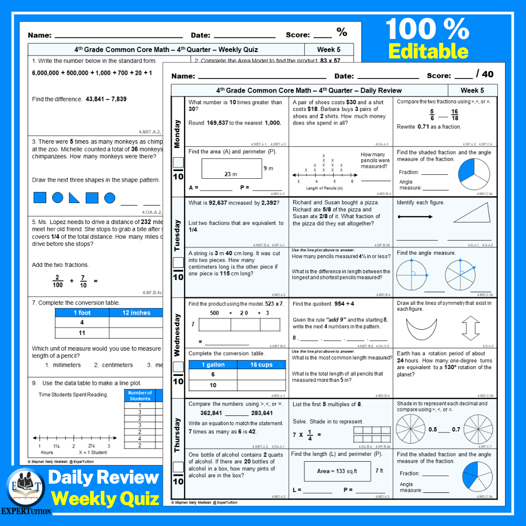 4th Grade Math Spiral Review Worksheets Q 4 ExperTuition
