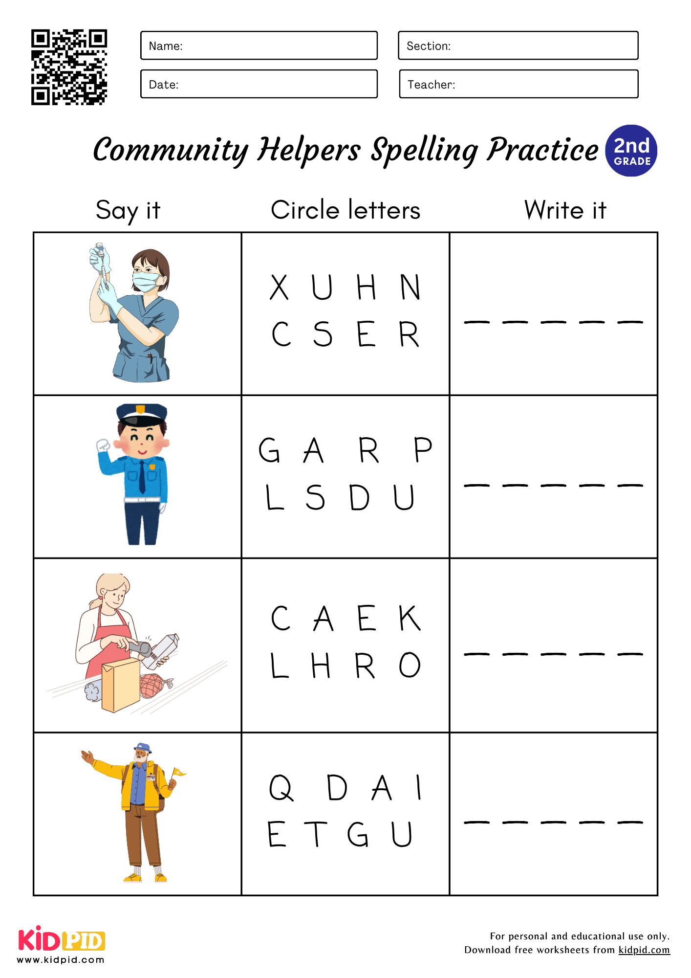 5 Letter Community Helpers Spelling Worksheet For Grade 2 Kidpid