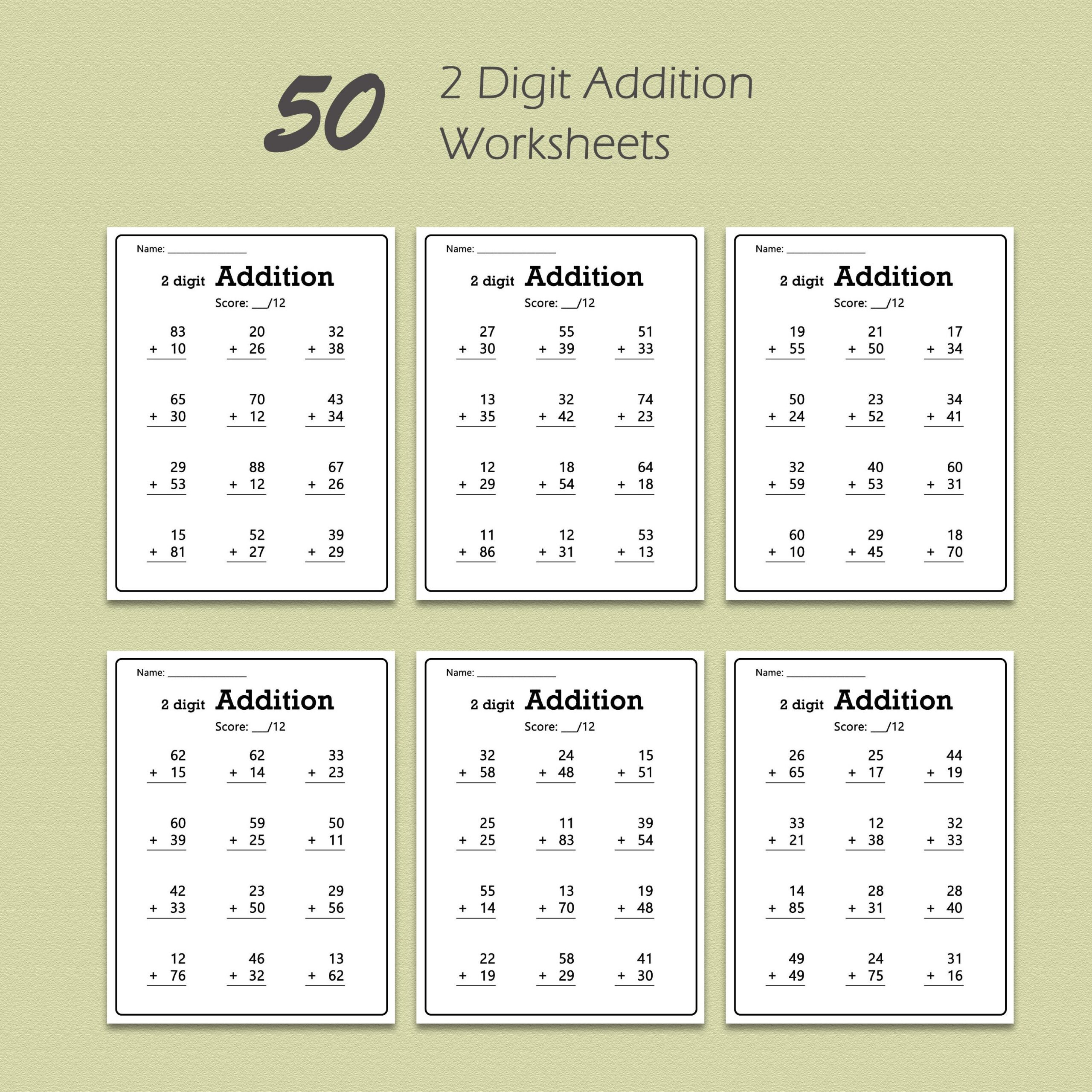 50 Two Digit Addition Worksheets Printable Math Worksheets 10 99 Numbers Etsy