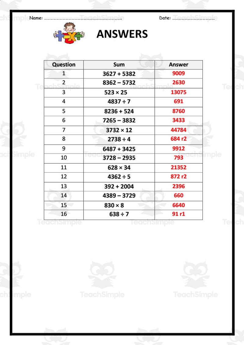 5th Grade Four Operations Worksheet By Teach Simple