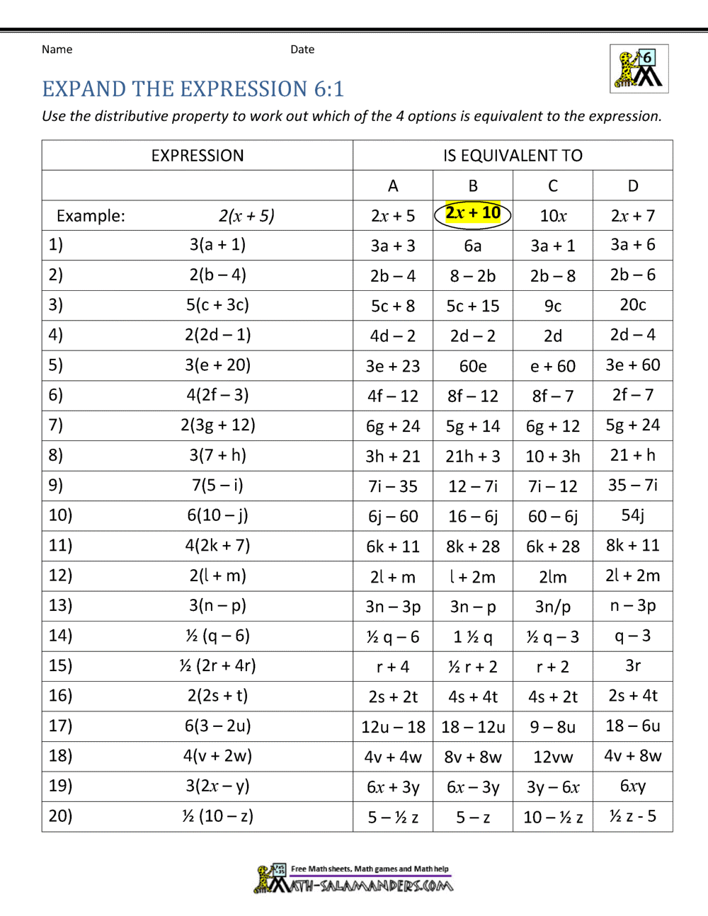 6th Grade Distributive Property Worksheets