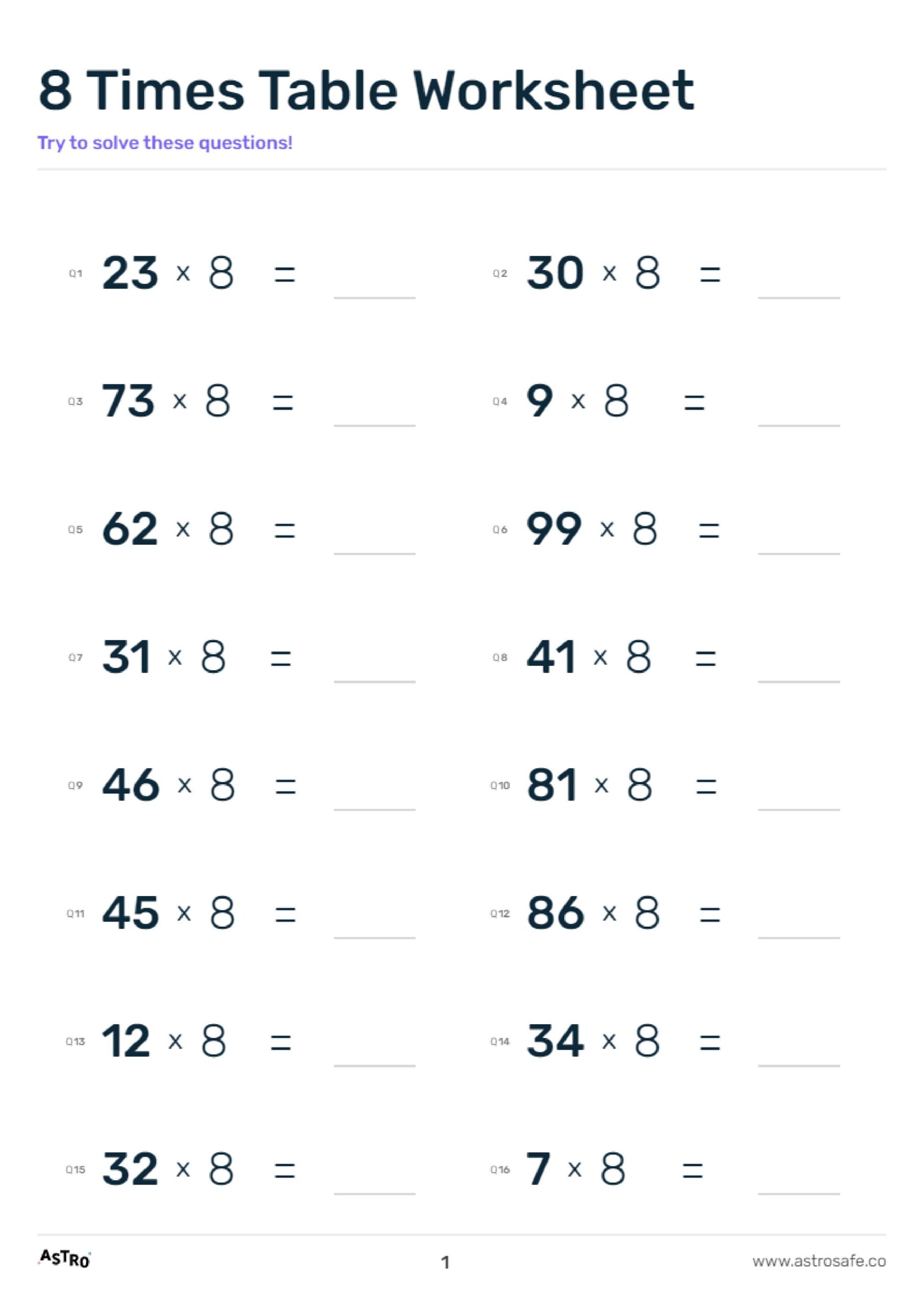 8 Times Table Lessons Printable Worksheets Charts AstroSafe
