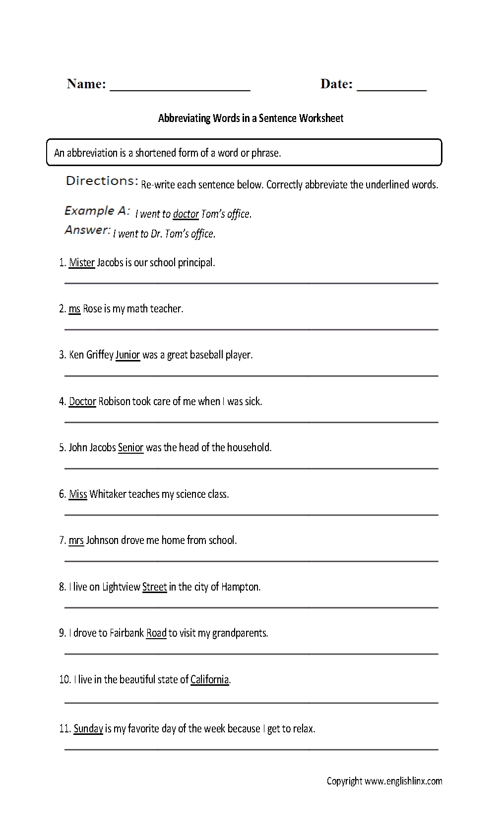 Abbreviations Worksheets Abbreviating Words In A Sentence Worksheet Grades 9 12
