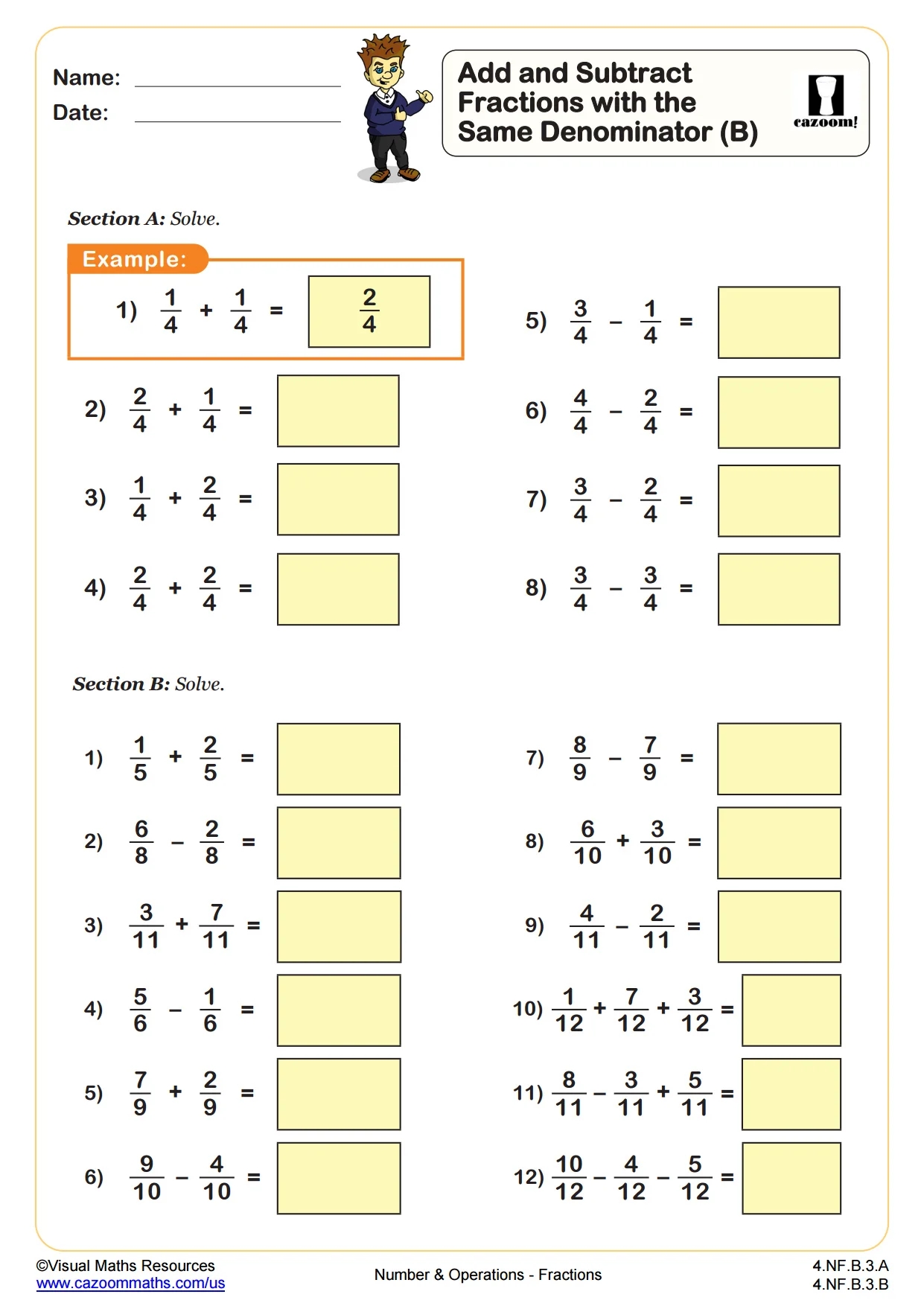 Add And Subtract Fractions B 4th Grade PDF Number And Operations Worksheets