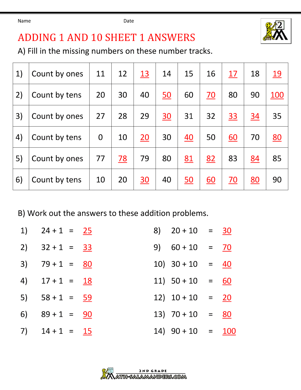Adding 1 10 100 Worksheets