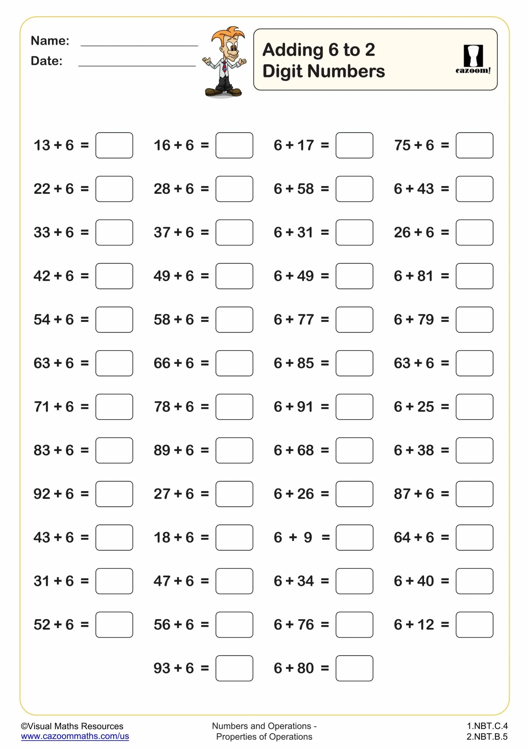 Adding 6 To 2 Digit Numbers 50 Questions Fun And Engaging 1st Grade PDF Worksheets