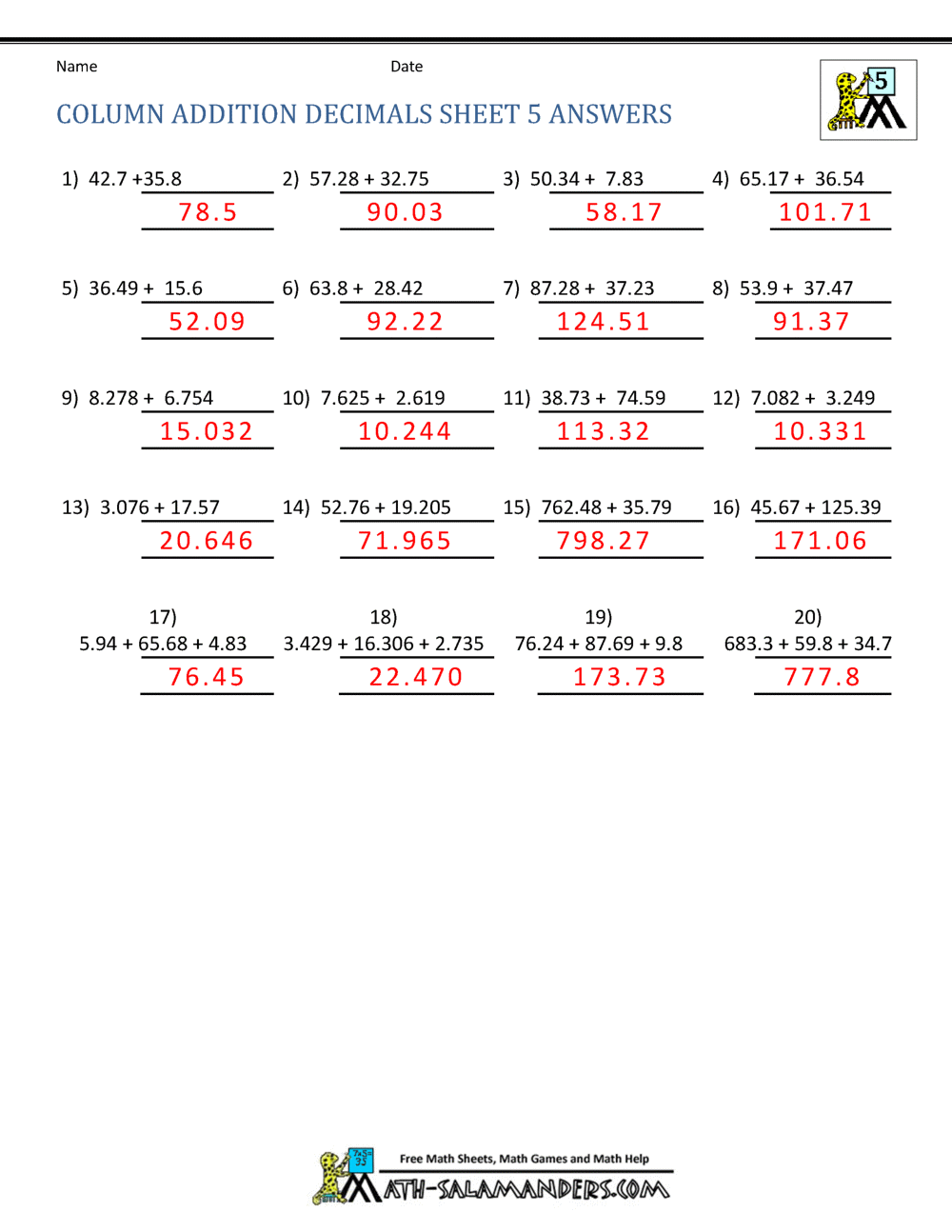 Adding Decimals Worksheet 5th Grade