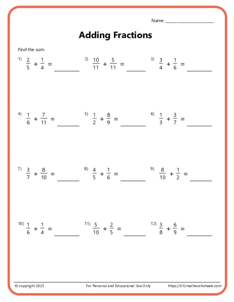 Printable 4th Grade Math Worksheets Fractions