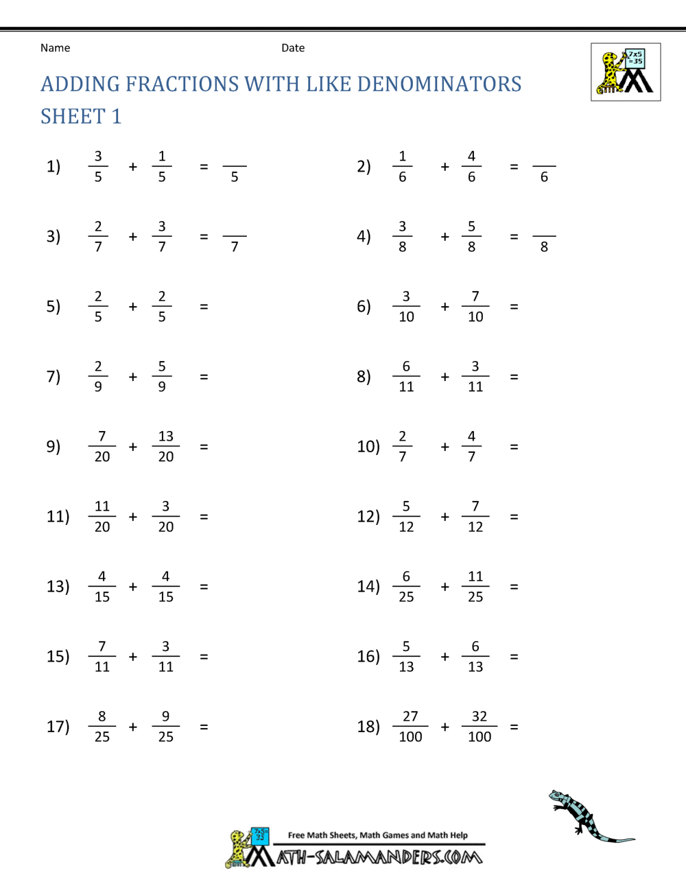 3rd Grade Worksheets Printable Fractions