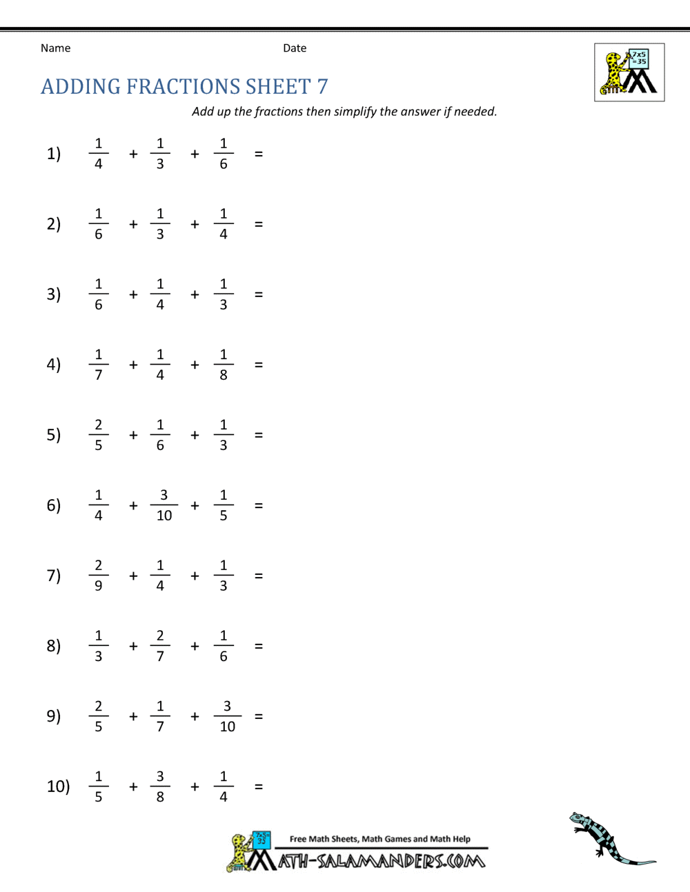 Adding Fractions Worksheets