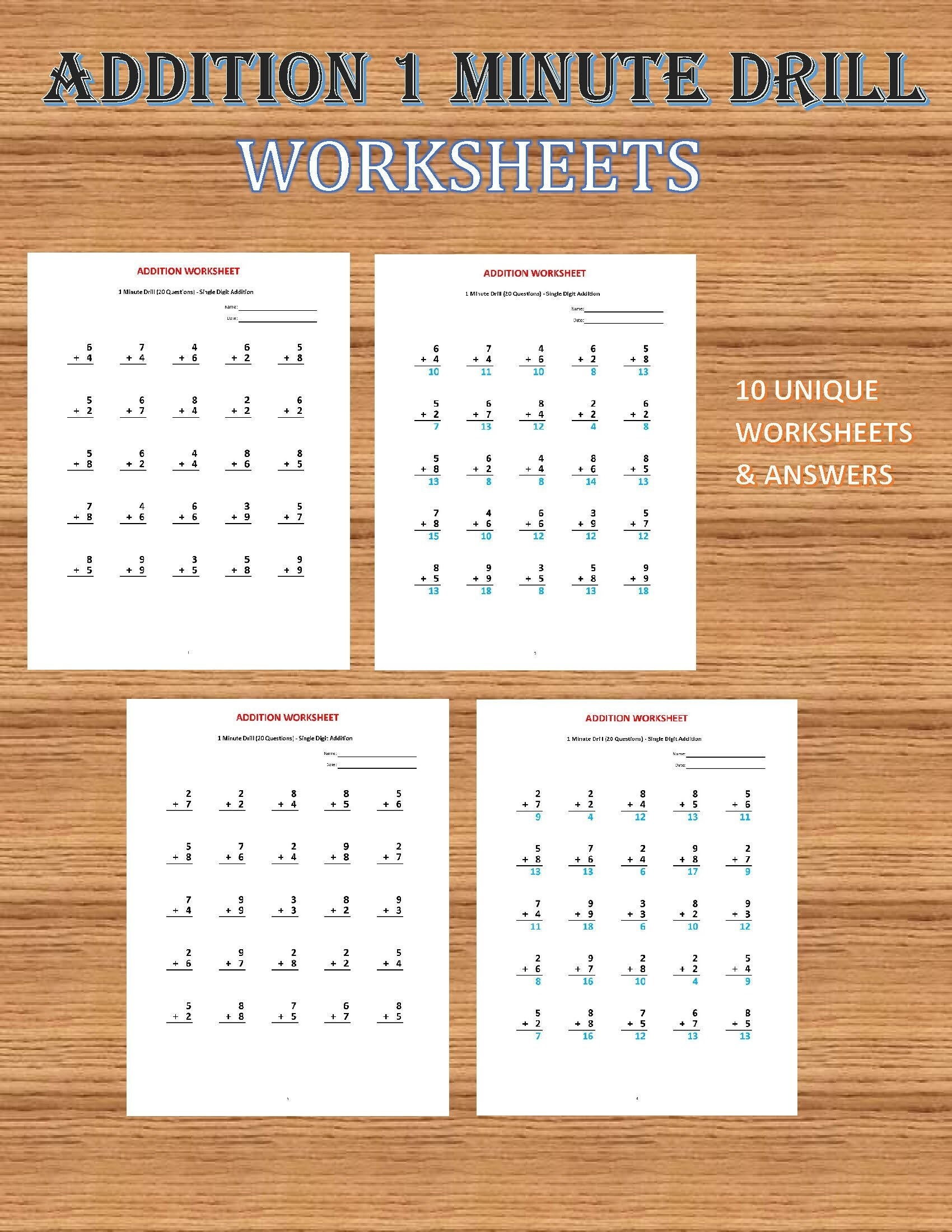 Addition 1 Minute Drill V 10 Math Worksheets With Answers pdf Year 1 2 3 Grade 1 2 3 printable Addition Worksheets Kindergarten Etsy