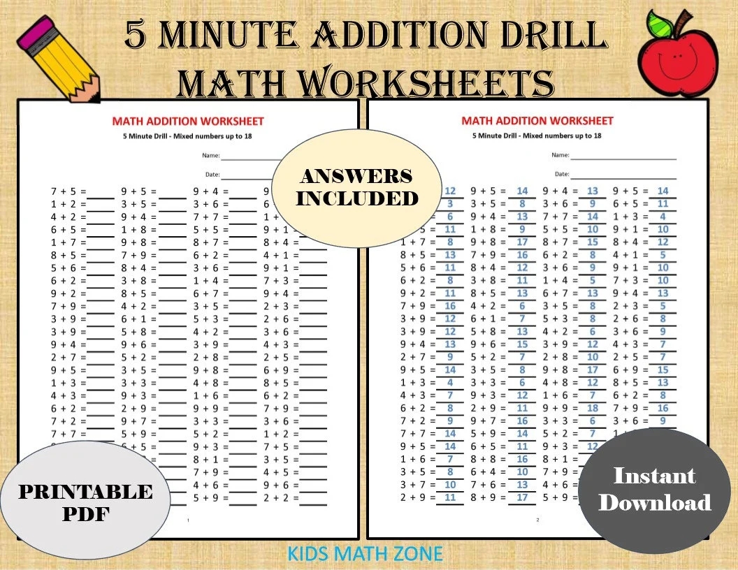 Addition 5 Minute Drill H 10 Math Worksheets With Answers pdf Year 1 2 3 Grade 1 2 3 printable Addition Worksheets Kindergarten Etsy