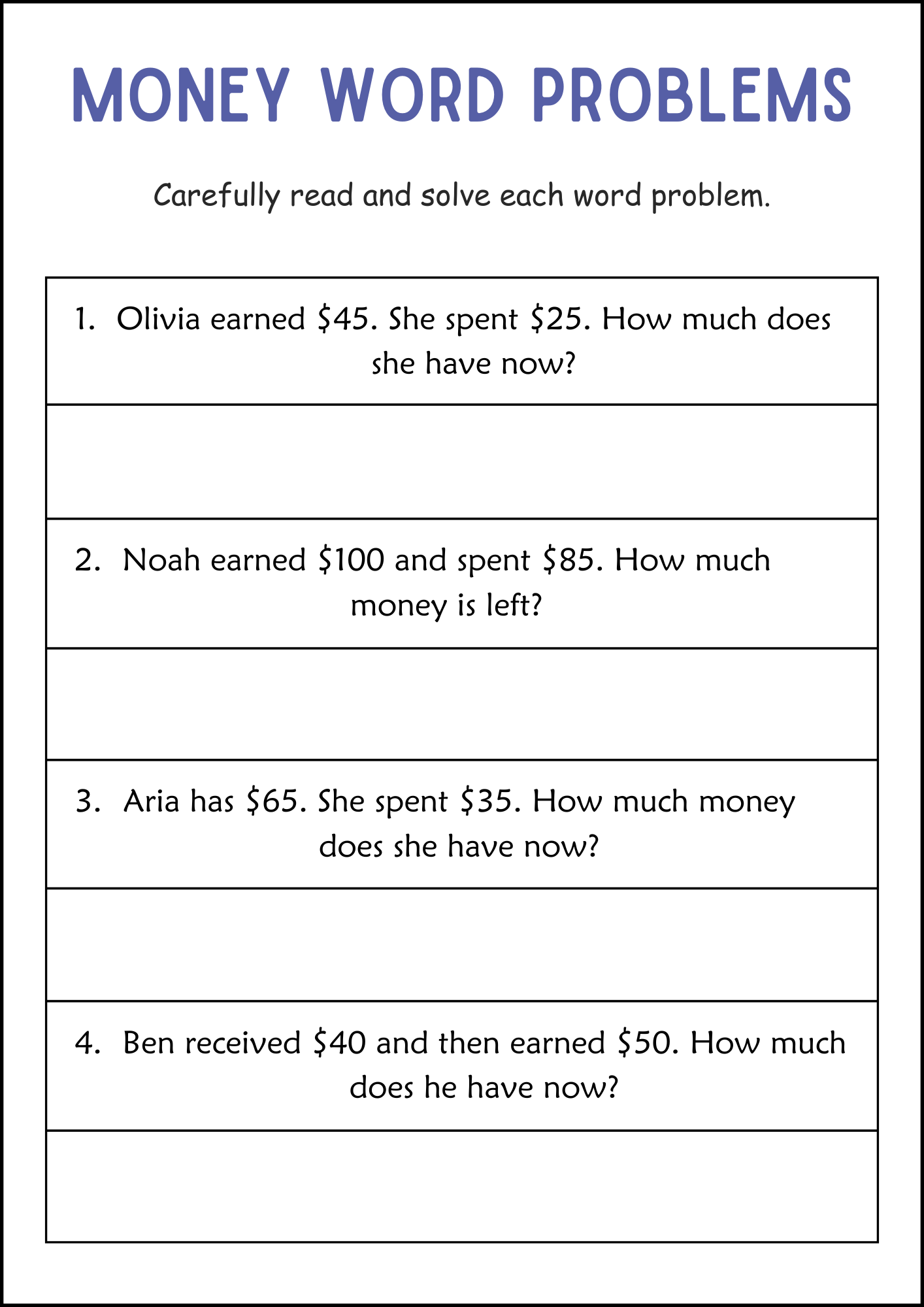 Money Math Worksheets Printable Word Problems