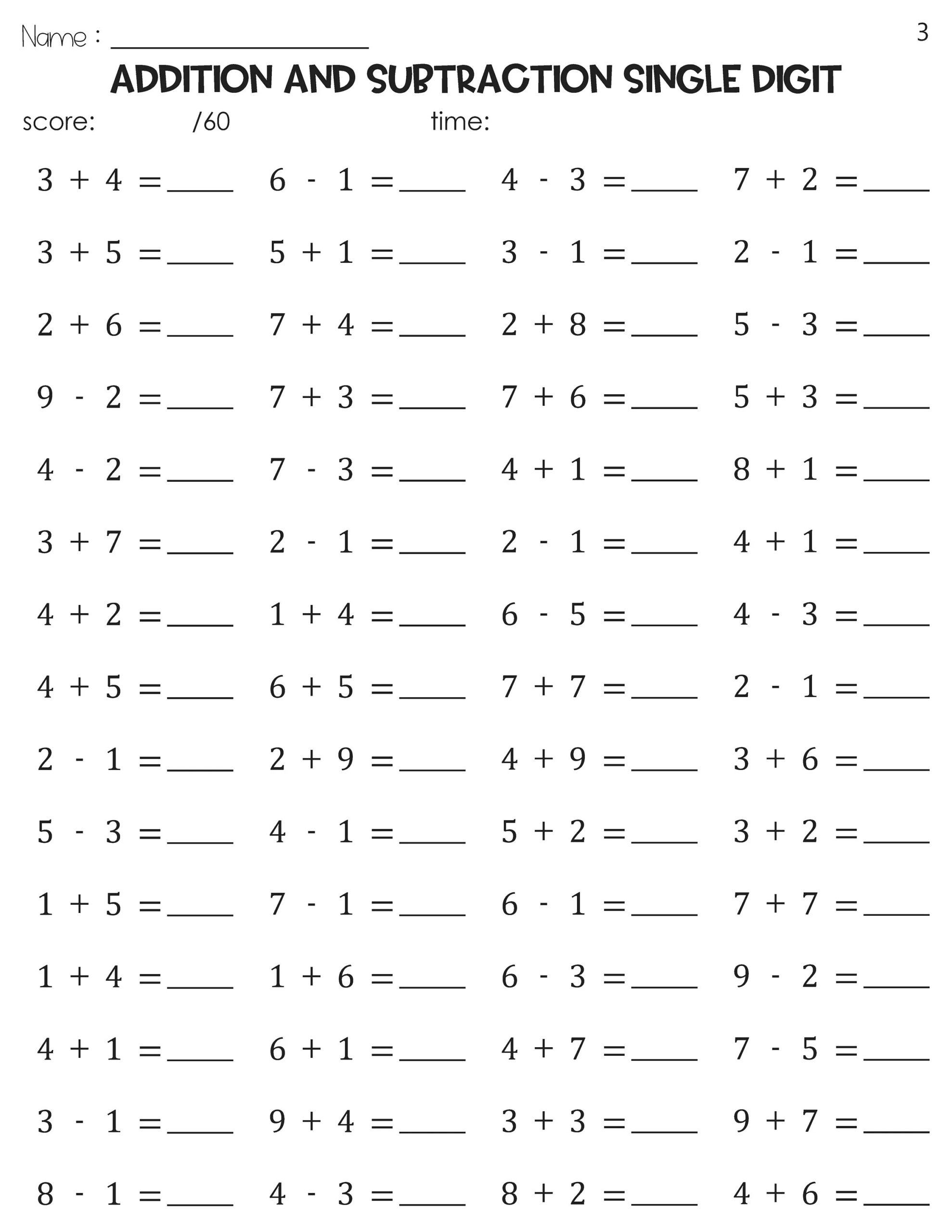 Addition And Subtraction Single Digit Math Timed Tests Speed Drills Worksheets Etsy