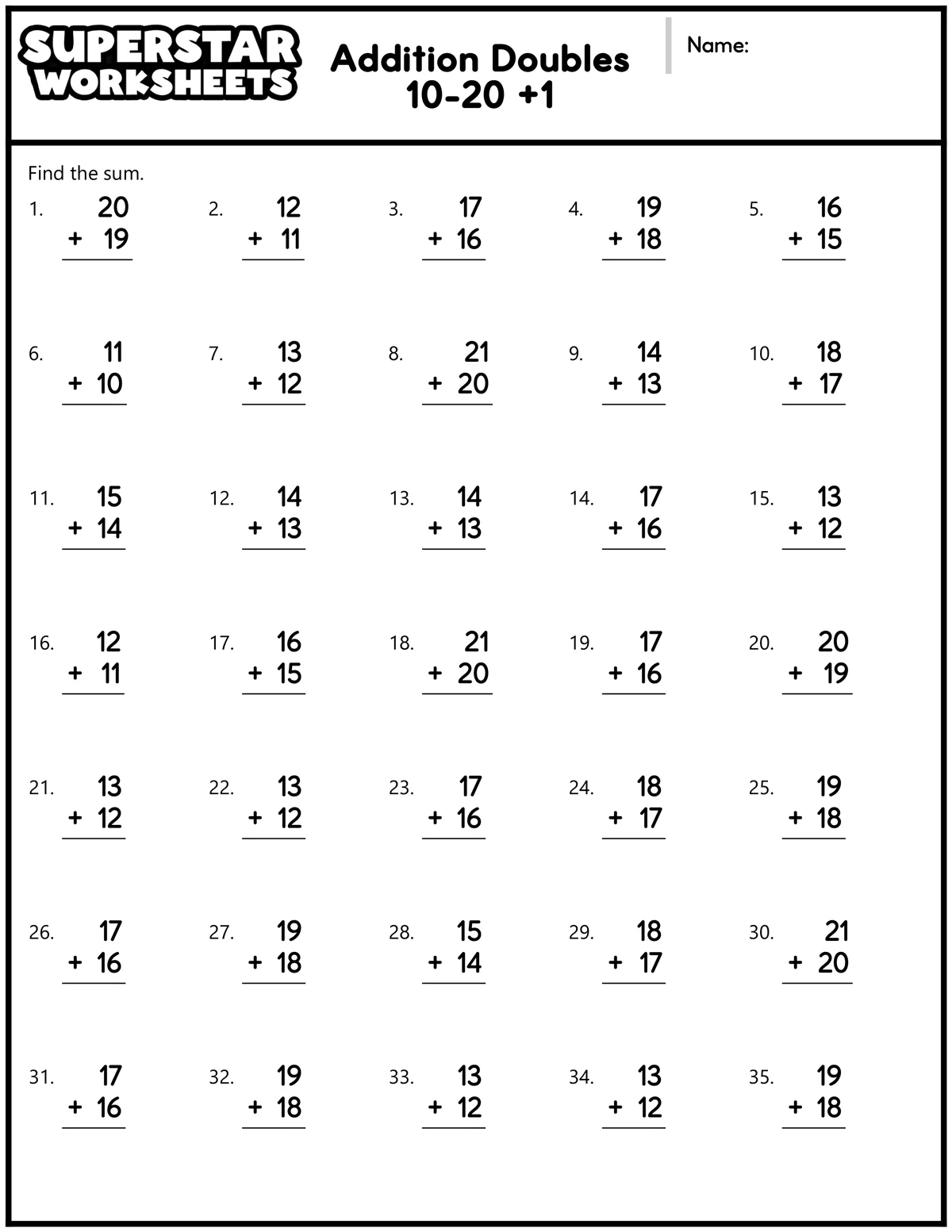 Addition Doubles Worksheets Superstar Worksheets